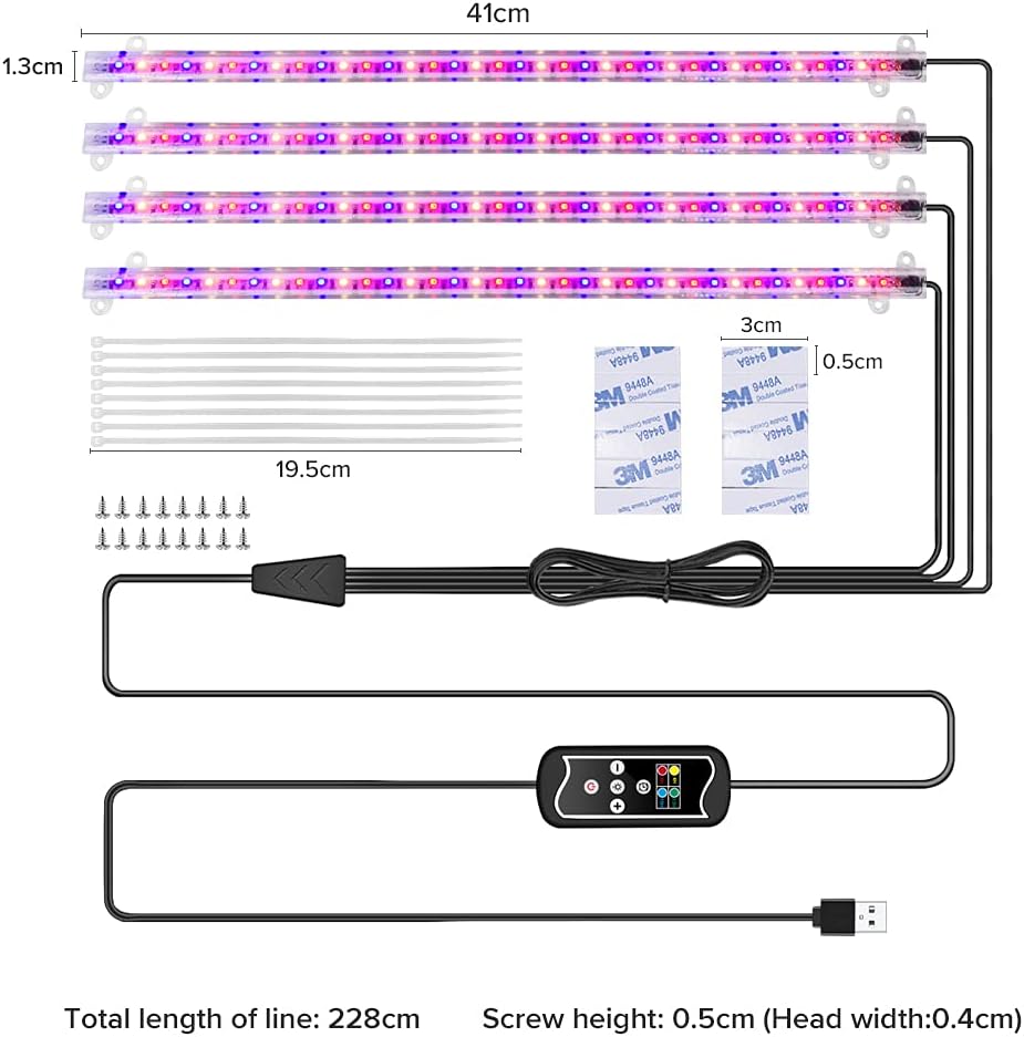 LED Planzen-Wachstums-Lichtstreifen, Vollspektrum für Zimmerpflanzen mit automatischem Ein-/Aus-Timer, 36 W & 3 dimmbare Stufen, Solar-Licht-Wachslampe, für Gartenregale, Hydrokulturen, Sukkulenten, 4 Stück
