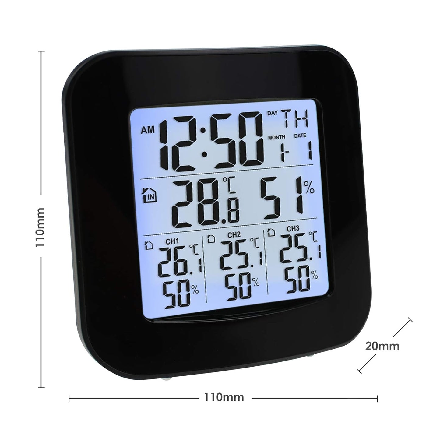 Station météo numérique avec thermomètre et hygromètre, avec 3 capteurs de câble pour l'eau et la pression, avec retour sur la température et la qualité de l'air, informations sur la batterie pour LED noire et LCD