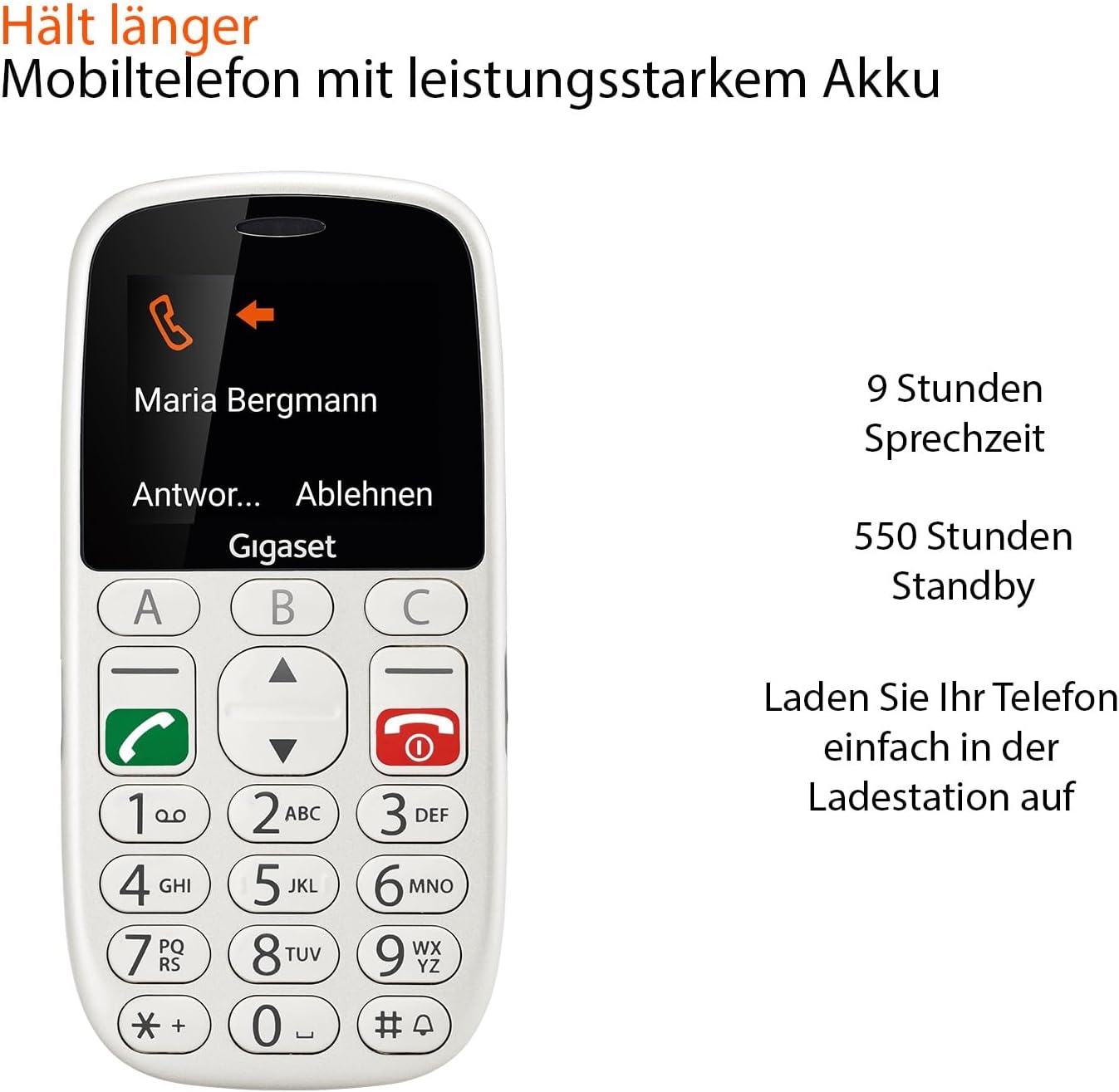 Gigaset GL390 weiß GSM - Seniorenhandy mit SOS-Notruf-Taste, großes 2,2" Farbdisplay - einfache Bedienung, großer Komfort, Hörgerätkompatibel, kompaktes Handlich
