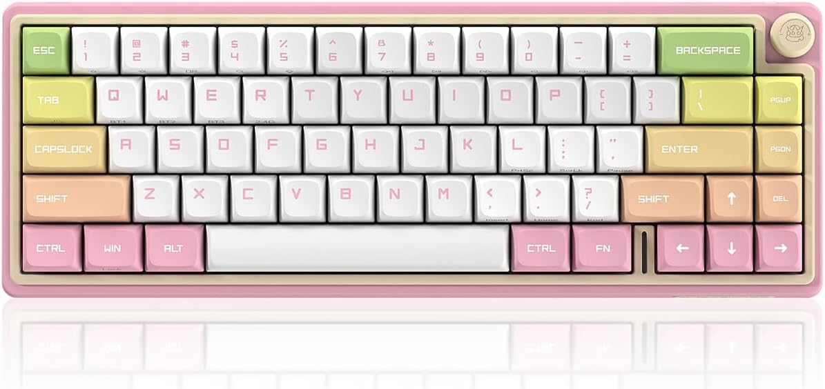 DUSTSILVER D66 Kabellose mechanische Tastatur – 2,4 G/Bluetooth/kabelgebunden, 1000 Hz Abfragegeschwindigkeit, Lautstärketaste, RGB-Hintergrundbeleuchtung, erstklassiges Spielerlebnis, Gateron-Rot-Schalter, Pfirsich-Design