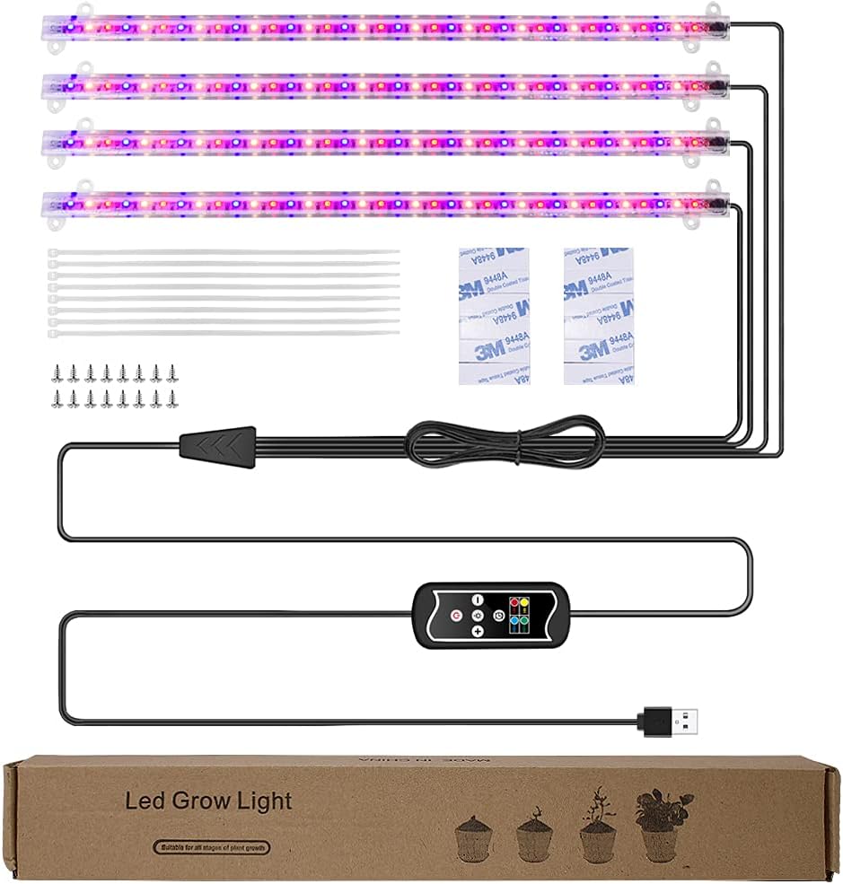 LED Planzen-Wachstums-Lichtstreifen, Vollspektrum für Zimmerpflanzen mit automatischem Ein-/Aus-Timer, 36 W & 3 dimmbare Stufen, Solar-Licht-Wachslampe, für Gartenregale, Hydrokulturen, Sukkulenten, 4 Stück