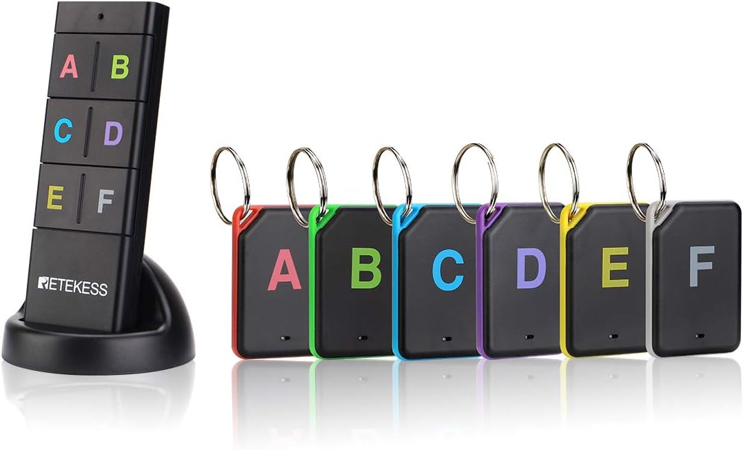 Retekess TH104 Schlüsselfinder, Cable Loser Objektfinder, 85 dB Beepton, unterstützt Fernbedienung, 131 Fuß Arbeitsbereich, 6 Empfänger für Haustier, Geldbörse, Schlüsselverfolgung
