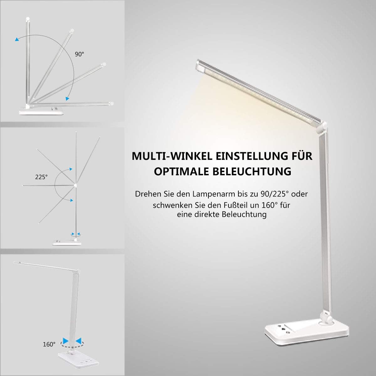 SLATOR Schreibtischlampe LED Dimmbare Tischleuchte 5 Farb und 10 Helligkeitsstufen Nachttischlampe USB-Anschluss für Aufladung des Smartphones Leselicht für Leser, Kinder, QM019, Aluminium, Silver