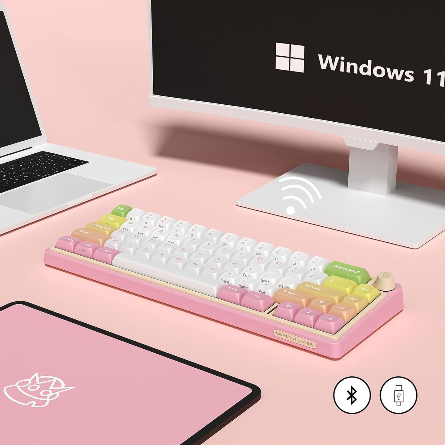 DUSTSILVER D66 Kabellose mechanische Tastatur – 2,4 G/Bluetooth/kabelgebunden, 1000 Hz Abfragegeschwindigkeit, Lautstärketaste, RGB-Hintergrundbeleuchtung, erstklassiges Spielerlebnis, Gateron-Rot-Schalter, Pfirsich-Design