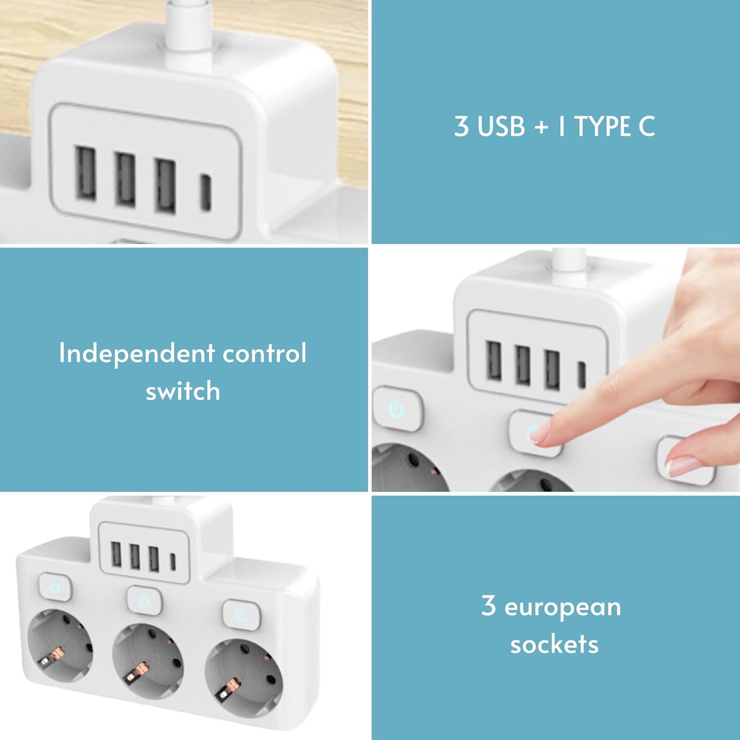 Steckdosenleiste mit Schalter, Netzstecker mit Sicherung, schaltbare Mehrfachstecker, mit USB - USB C, 220-250V, Einzel, Dreifach, Wand, für Zuhause, Küche, Büro, Weiß.