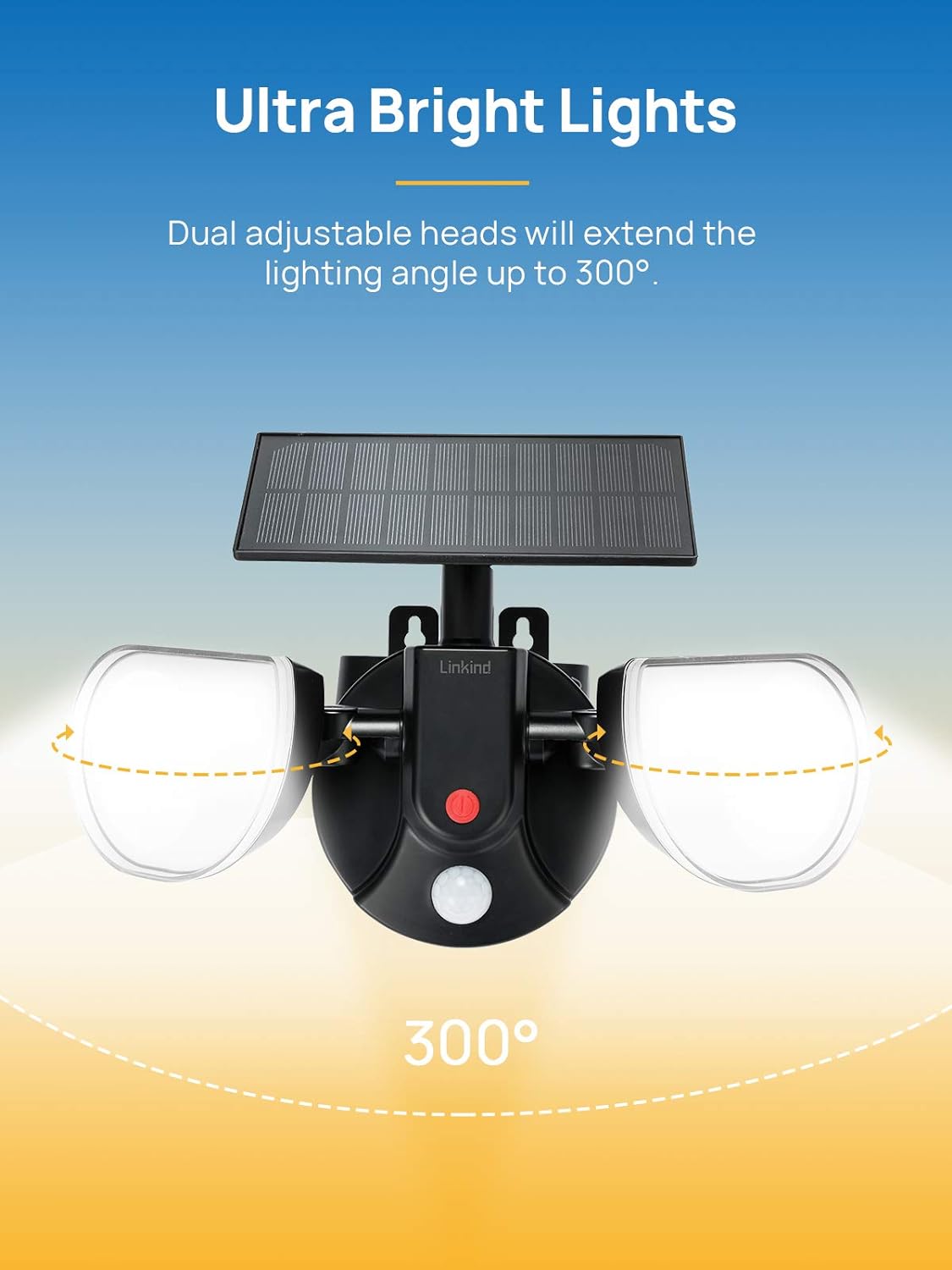 Linkind Guard Lampe clignotante LED avec détecteur de mouvement solaire, panneau solaire externe avec câble de 9,8 m, 2 têtes réglables, applique murale de sécurité, angle 300°, éclairage de sécurité IP67 pour véranda, Hinterhof, lot de 2
