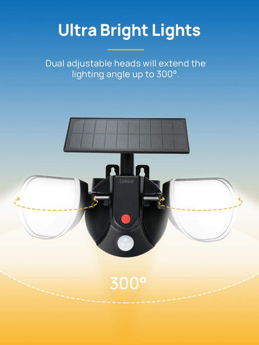 Linkind Guard LED-Flutlicht mit Solar-Bewegungsmelder, abnehmbares Solarpanel mit 9,8 Fuß langem Kabel, 2 verstellbare Köpfe, Sicherheitswandleuchte, 300° Weitwinkel, IP67-Sicherheitsleuchte für Veranda, Hinterhof, 2er-Pack
