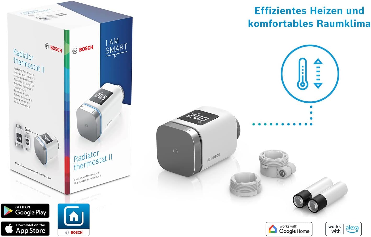 Bosch Smart Home Heizkörperthermostat II, smartes Thermostat mit App-Funktion, kompatibel mit Amazon Alexa, Apple HomeKit, Google Home
