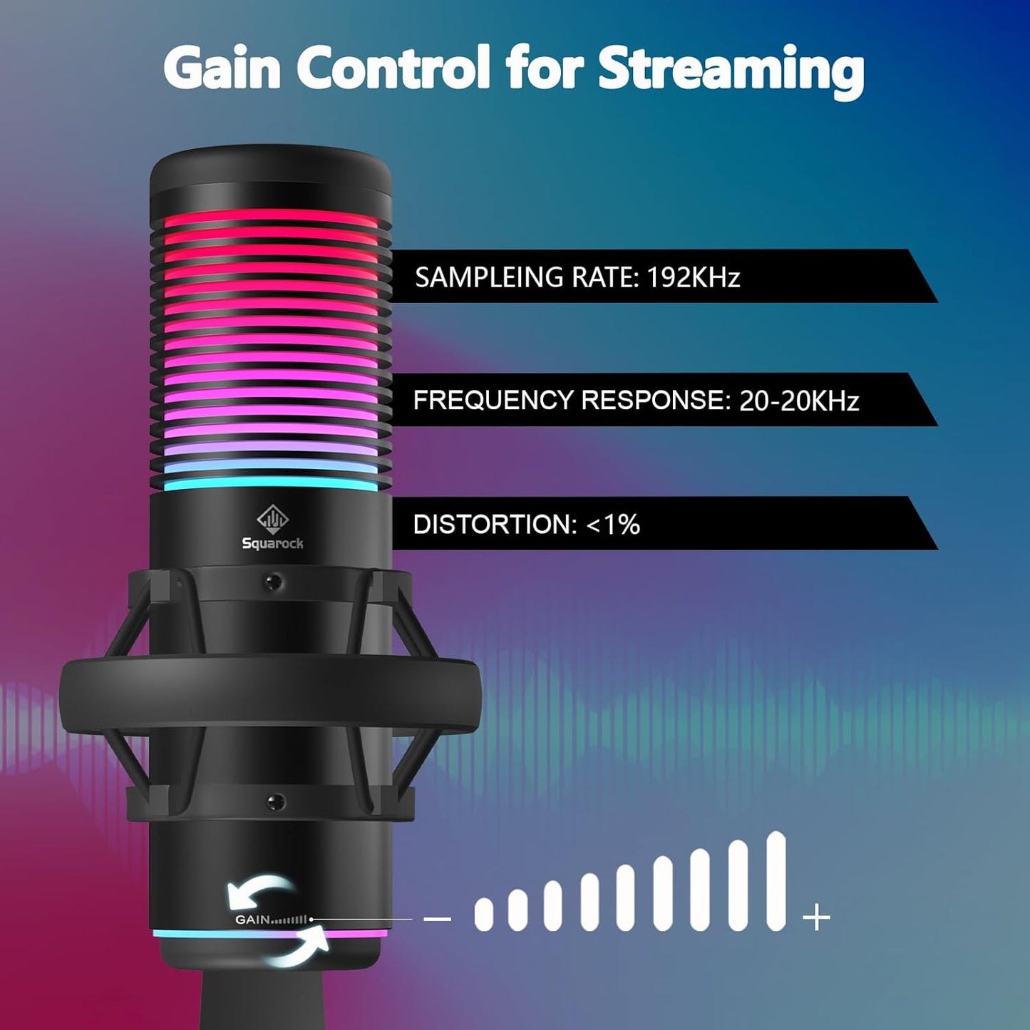 Squarock Gaming-USB-Mikrofon, Kondensatormikrofon mit 8 RGB-Leuchten, Schnellstummschaltung, Rauschunterdrückung, Streaming-Mikrofonmustersteuerung, Verstärkungsregelung, Desktop-Ständer für Podcast-Studioaufnahmen, YouTube