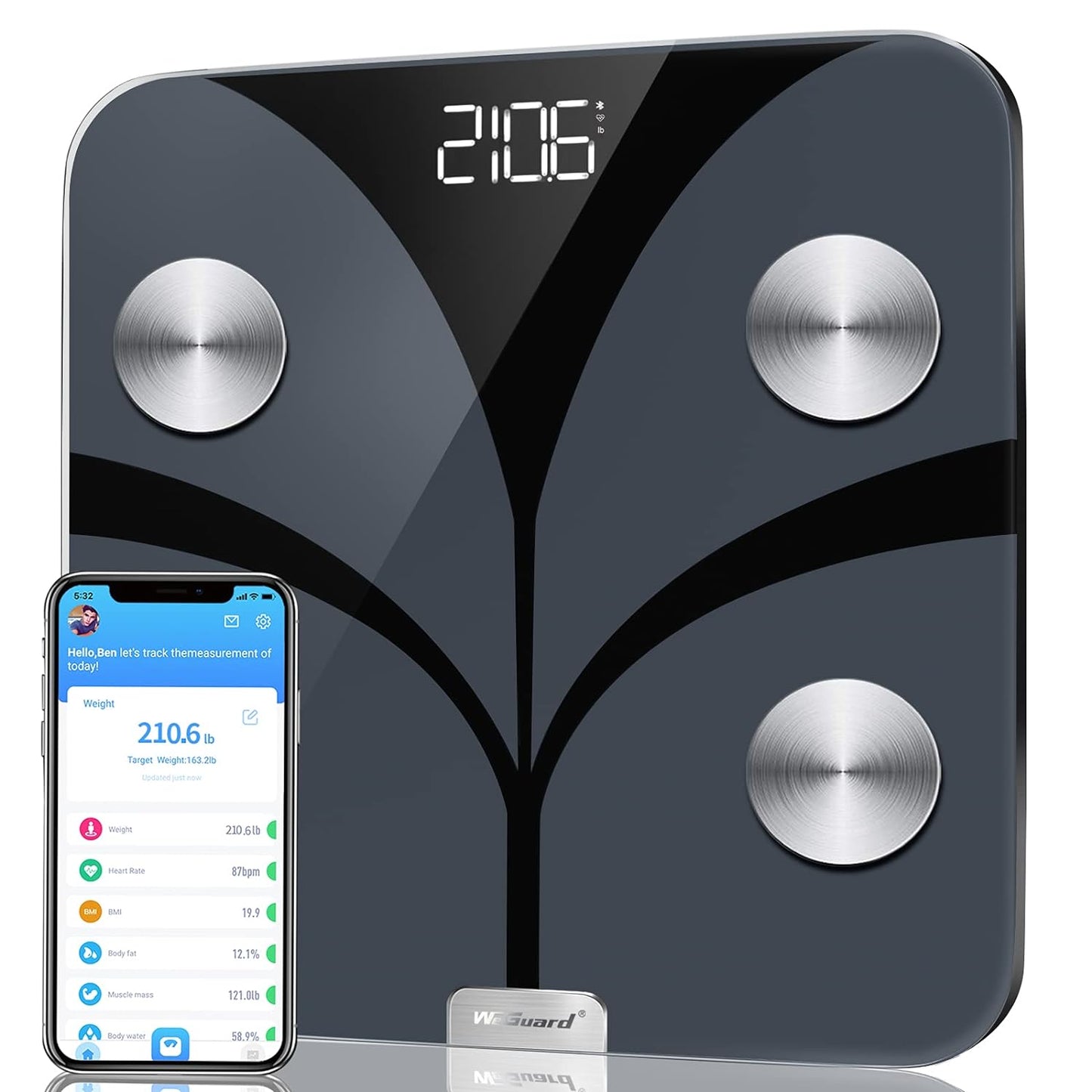 Körperfettwaage, Körpergewichtswaage und BMI-Smart-Waage für die Körperzusammensetzung, digitale Bluetooth-Personenwaage mit Herzfrequenz-Tracker, 15 Messungen, Analyse mit Smartphone-App, 396 Pfund