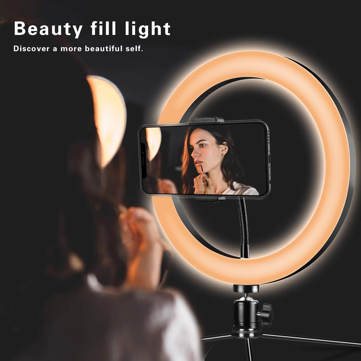 Ringlicht 10" mit Stativständer und Telefonhalter für YouTube-Video und Streaming, Schreibtisch-Make-up, LED-Ringlicht dimmbar für Fotobeleuchtung, Selfie mit 3 Lichtmodi und 10 Helligkeitsstufen (10")