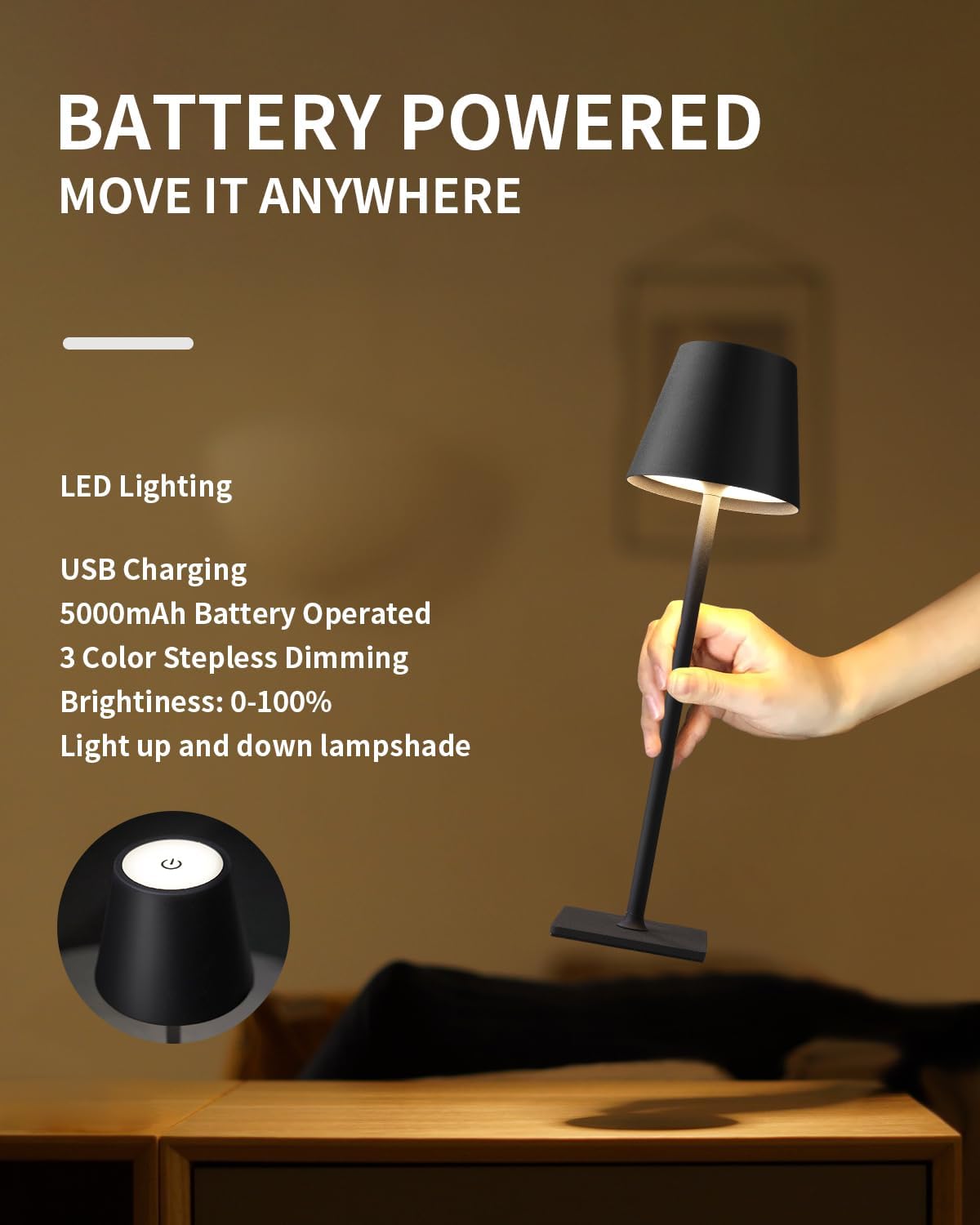 Aipsun 2 Stück schnurlose Tischlampe, tragbare LED-Schreibtischlampe, 5000 mAh batteriebetrieben, stufenloses Dimmen, für Restaurant/Schlafzimmer/Bars/Outdoor-Party/Camping/Café-Nachtlicht (schwarz)