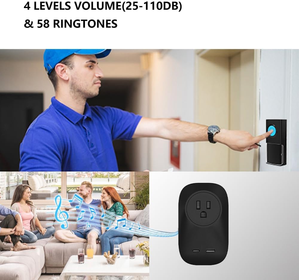 EU Plug Kinetische batterielose Türklingel, Yiroka kabellose Türklingel mit 1 Sender und Empfänger, IP55 wasserdicht, 58 Klingeltöne, (1 Sender + 2 Empfänger)