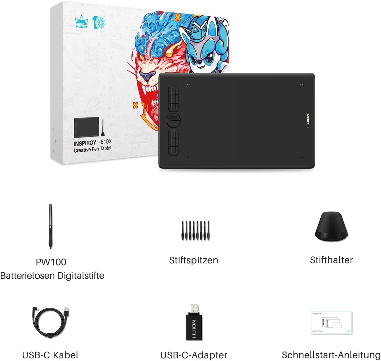 HUION Inspiroy H610X Tablette graphique 10 x 6,25 pouces, tablette Zeichen avec support sans batterie et 8 tablettes fonctionnelles réglables, tablette OSU, prend en charge Chromebook Android – pour le bureau à domicile et l'apprentissage en ligne