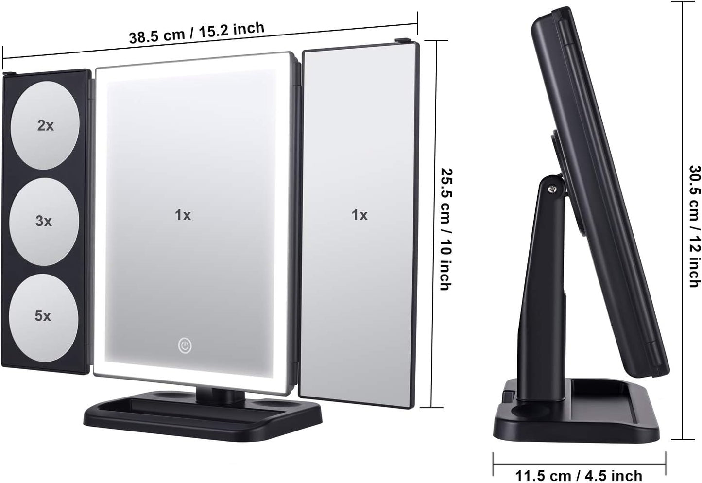 SOLVE Übergroßer Schminkspiegel mit Lichtern, 32 Superfire-LED-Lichtstreifen, Kosmetikspiegel mit 1-facher, 2-facher, 3-facher, 5-facher Vergrößerung, 180 und 90 Grad, Touchscreen-Schalter, Dual Flow, Schwarz