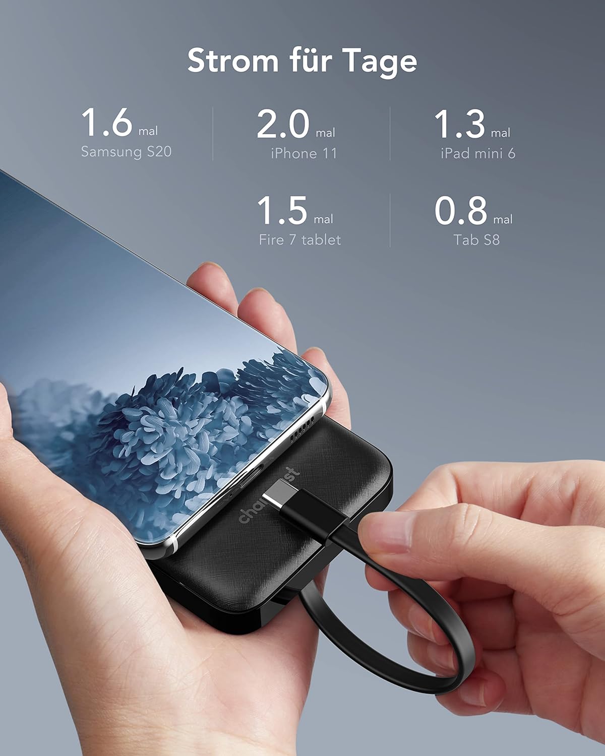 Charmast Power Bank, Slim 10000mAh Powerbank mit Kabel USB C und LED-Display, 6 Ausgängen Klein Aber Stark Externe Handyakkus Kompatibel mit iPhone 16 15 14 13 12 11 Pro Max Plus Huawei Samsung Tablet