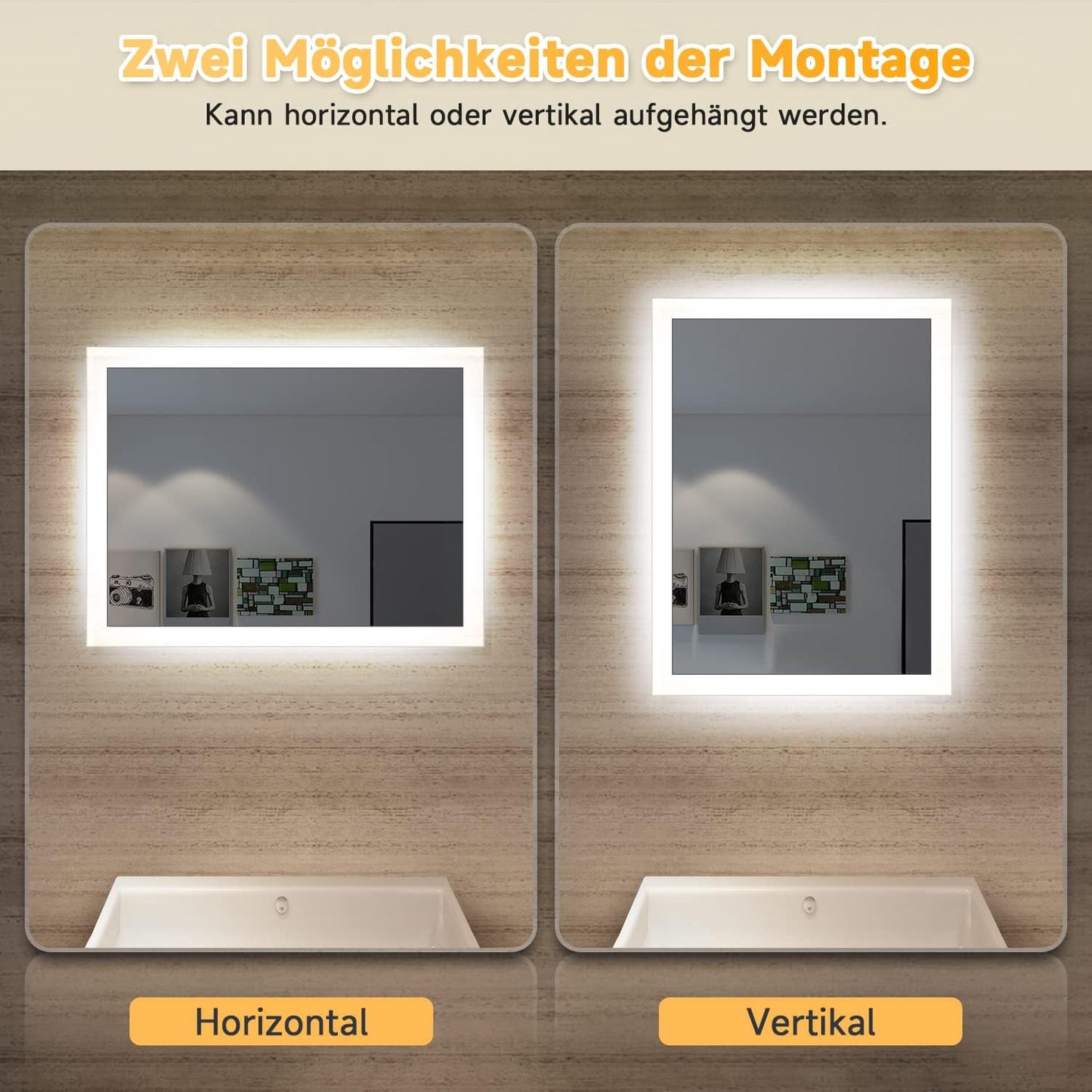 SONNI LED Badspiegel mit Standfuß 60x50cm, Badspiegel mit Standfuß Weiß, LED Badspiegel für Badewanne, Vertikale und Horizontale Montage, IP44 Wasserdicht