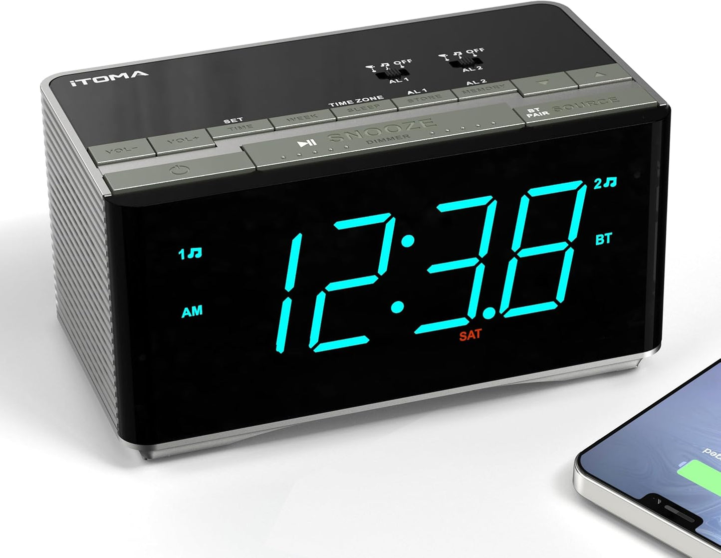 iTOMA Radiowecker,Bluetooth Stereo Lautsprecher, FM Radio, Dual Wecker, Snooze, Helligkeitsdimmer, USB-Aufladung, Wecker für Schlafzimmer Büro 3501