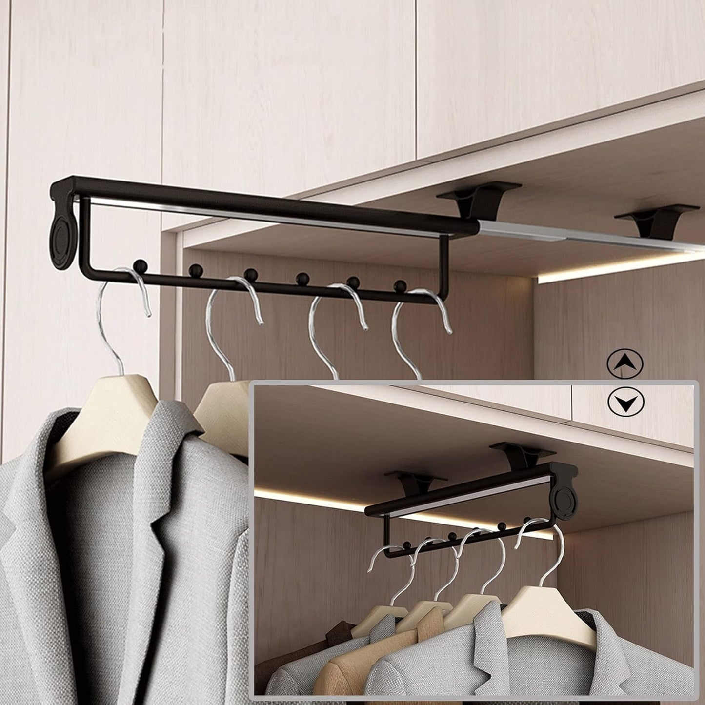 ZYFA Ausziehbare Kleiderstange zum Herausziehen,Schrank deckenmontage,Garderobenauszug Verstellbarer Kleiderschrank,Kleiderbügel Auszie,Kleiderbügelhalter Kleiderbügelauszug ausziehbar