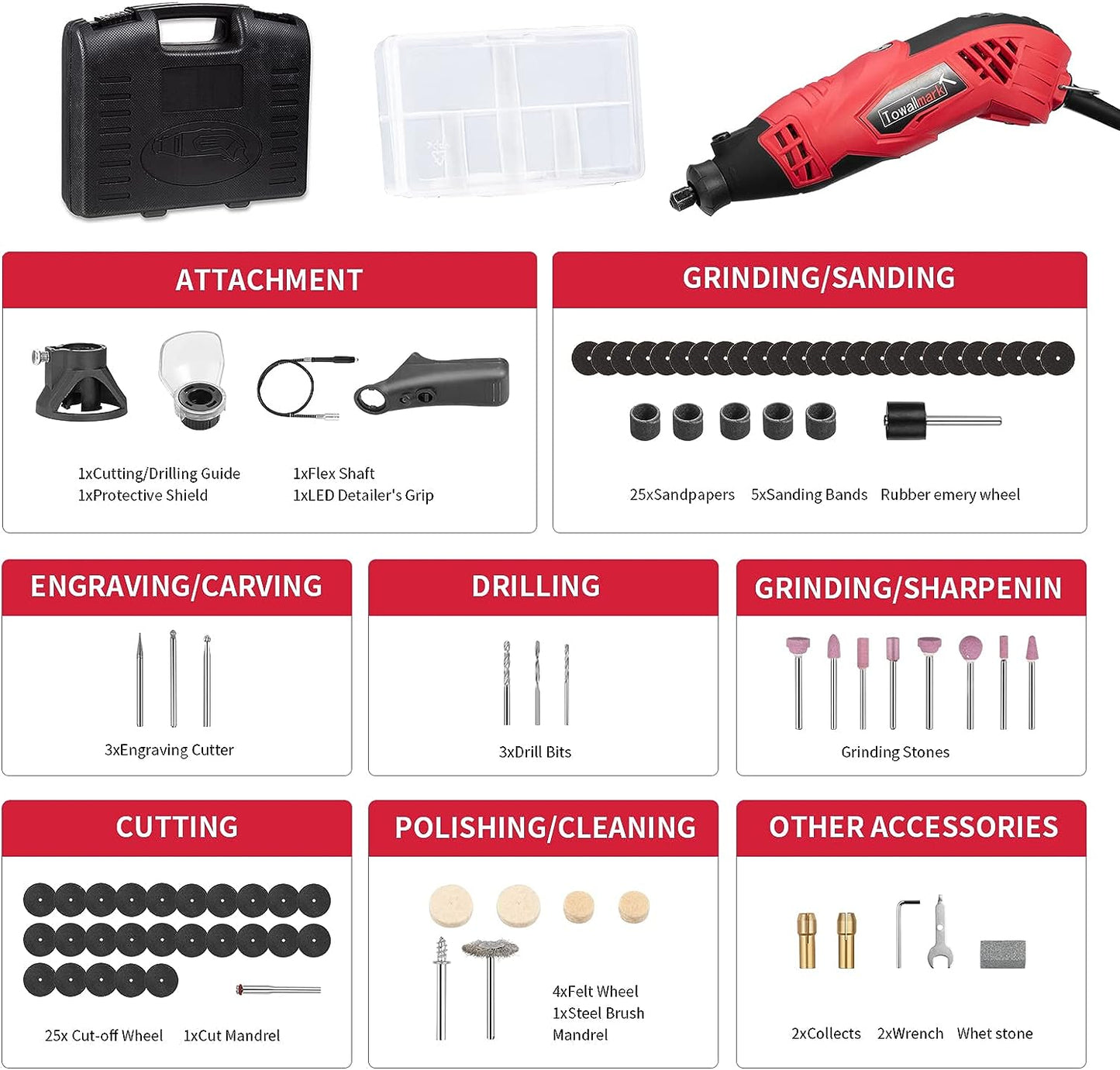 Towallmark Drehwerkzeug-Set, 1,5 A, variable Geschwindigkeit, drehbares Werkzeug mit Flexschaft, 88-teiliges Zubehör und 4 Aufsätze, perfekt für Bastel- und DIY-Projekte - Schneiden, Holzschnitzen, Gravieren, Schleifen