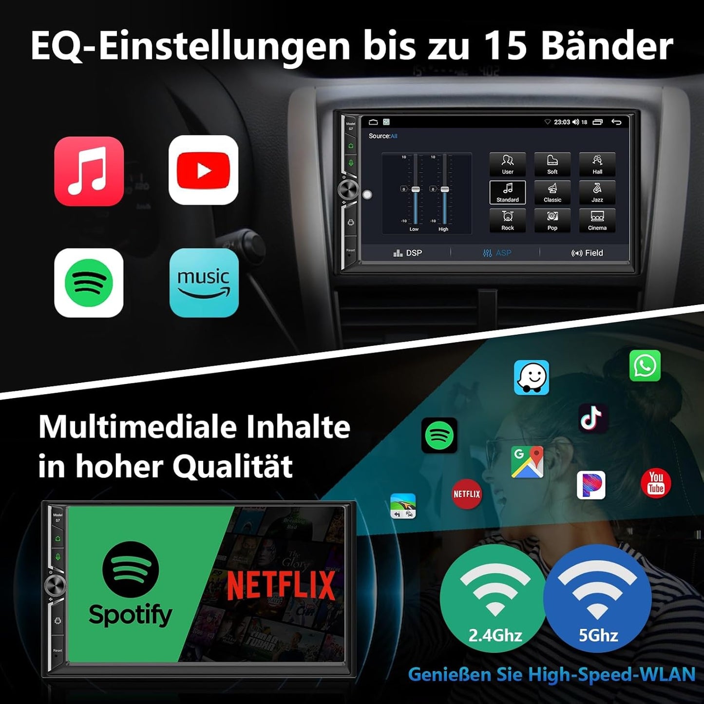 Android Doppel Din Radio mit Wireless Carplay Wireless Android Auto Autoradio mit Bildschirm, 4G+64G 7 Zoll Car Play Auto Radio 2din Touch Display mit Navi, Bluetooth, GPS, WiFi, AM/FM/RDS, AUX/SWC