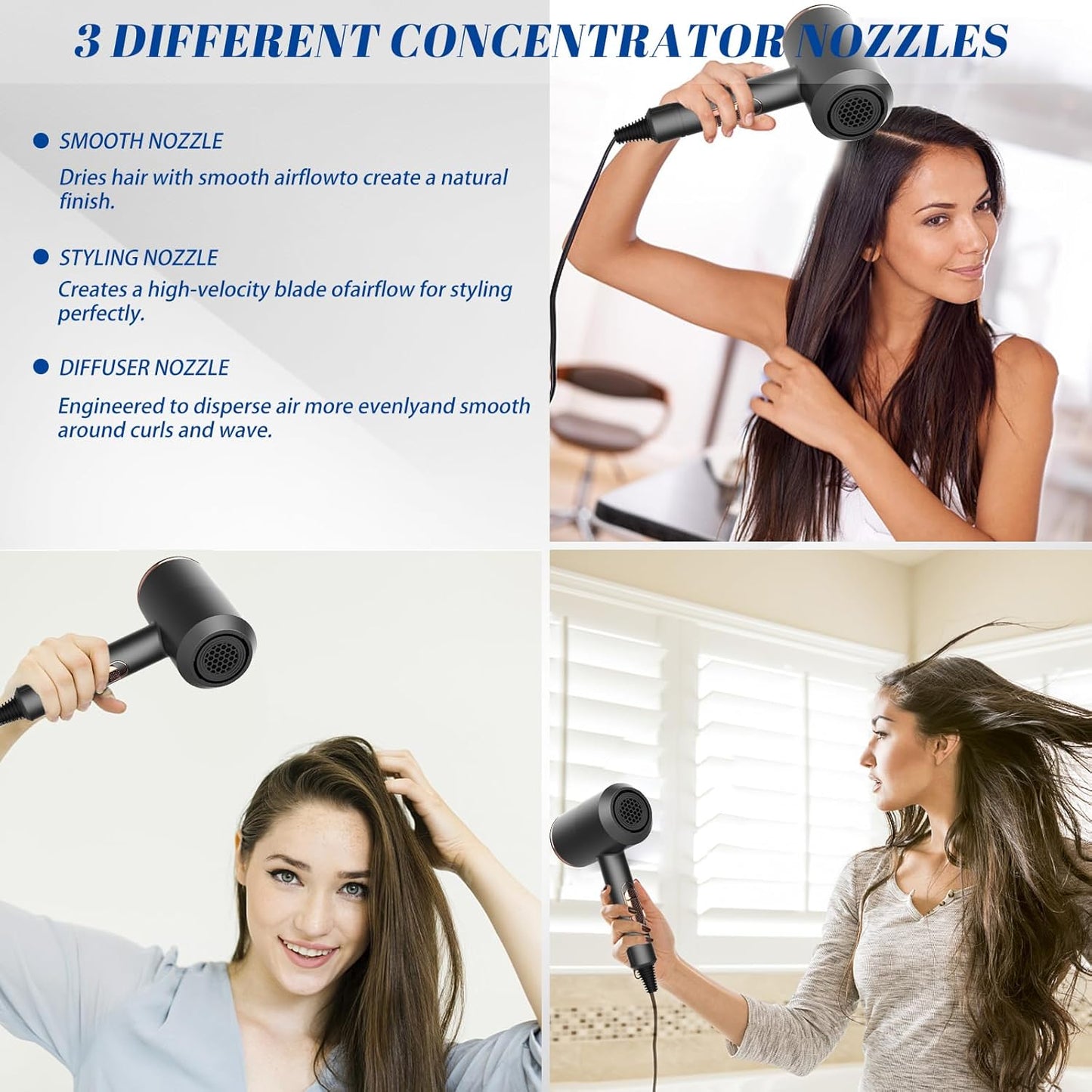 Oskuglin Föhn, 2400W professioneller tragbarer Ionen-Haartrockner Salon Haarfön mit Heiß-/Kalttaste, Concentrators and Diffuser, 3 Temperatureinstellungen, 2-Gang für Zuhause, Salon, Reisen (Schwarz)