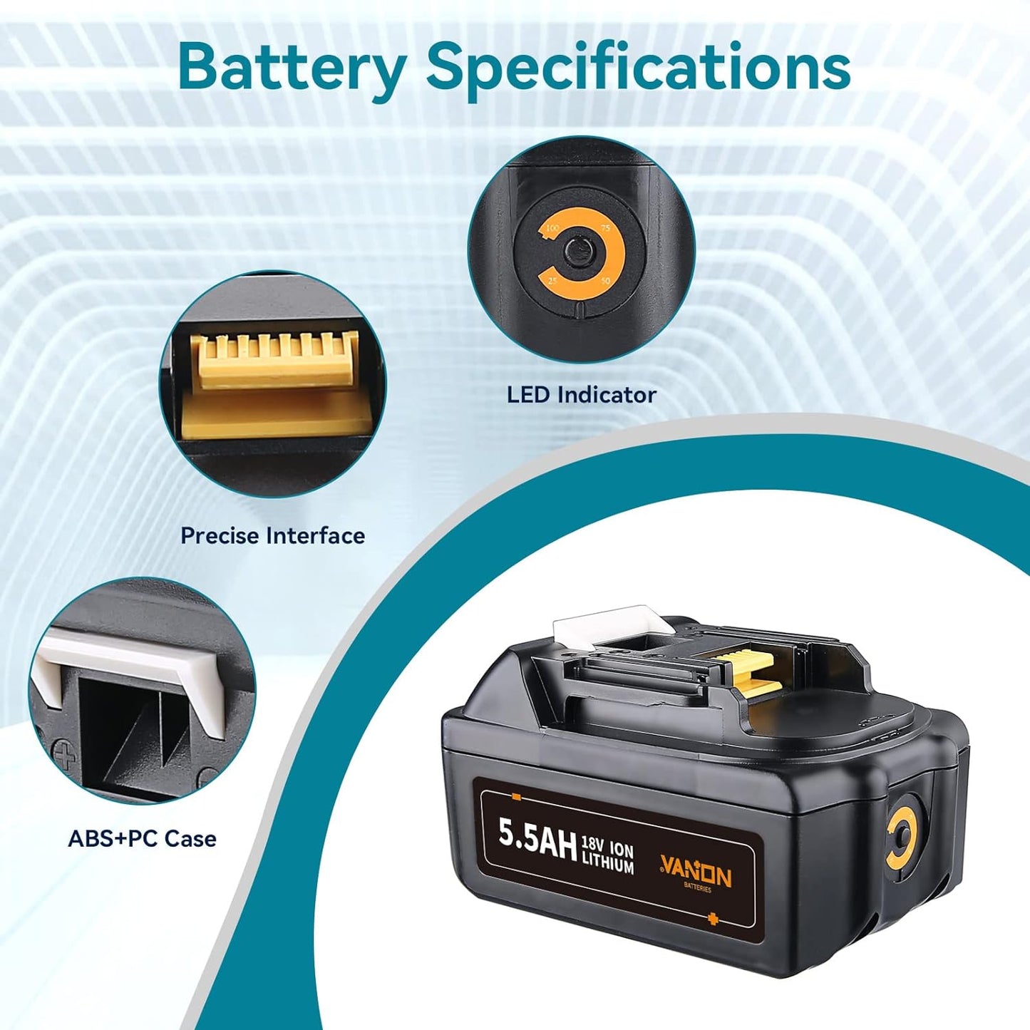 VANON BL1860B 18 V 5,5 Ah Lithium-Akku, kompatibel mit Makita 18 V Akku BL1850B BL1850 BL1830B BL1830 BL1840B BL1840 BL1860 194205-3 LXT-400 Akku-Elektrowerkzeuge
