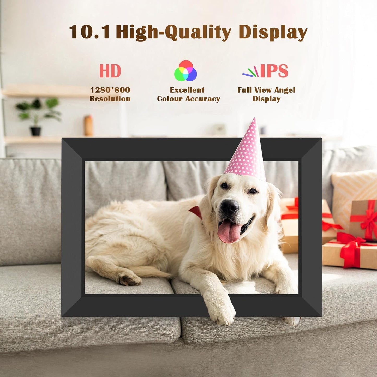 WONNIE Frameo WLAN Digitaler Bilderrahmen 10,1 Zoll, HD 1280 * 800 IPS Touchscreen Elektronischer FotoRahmen mit 32GB Speicher, Auto Drehung, Einfache Weitergabe von Fotos Videos über Frameo App