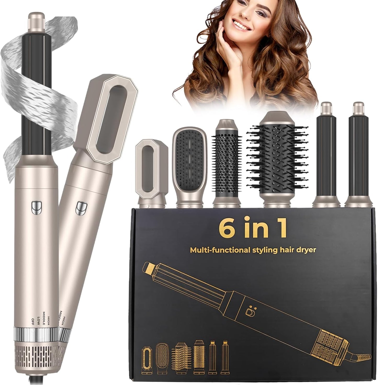Hairstyler Airstyler, Hair Styler set 6 in 1 mit Haartrockner Föhn, Föhnbürste, Haartrockner für Trocknen, Glätten, Locken und Volumen, Massagekamm mit Ionen-Pflege für alle Haar Styling