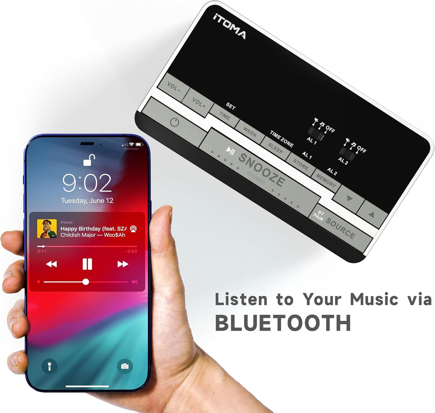 iTOMA Radiowecker,Bluetooth Stereo Lautsprecher, FM Radio, Dual Wecker, Snooze, Helligkeitsdimmer, USB-Aufladung, Wecker für Schlafzimmer Büro 3501