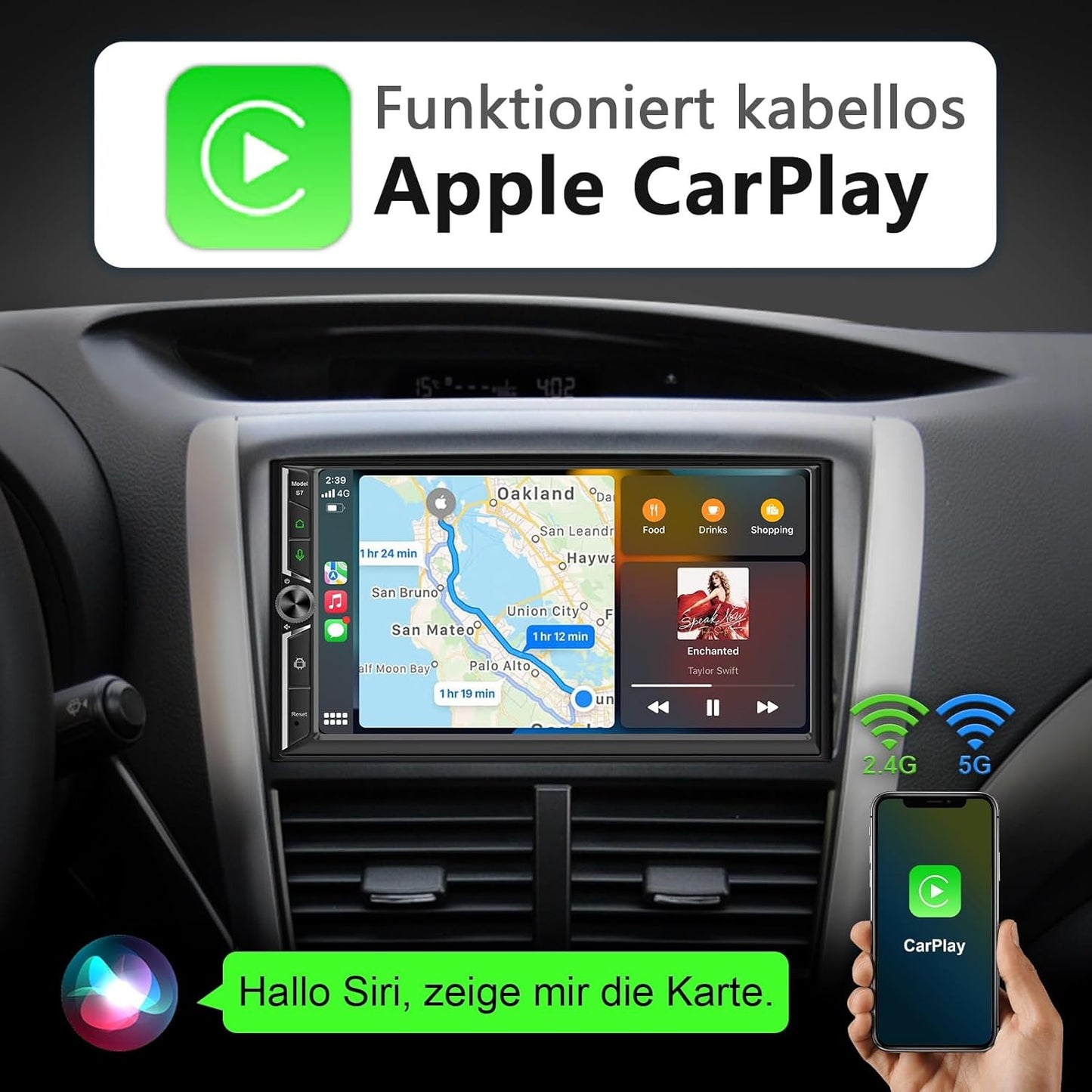 Android Doppel Din Radio mit Wireless Carplay Wireless Android Auto Autoradio mit Bildschirm, 4G+64G 7 Zoll Car Play Auto Radio 2din Touch Display mit Navi, Bluetooth, GPS, WiFi, AM/FM/RDS, AUX/SWC