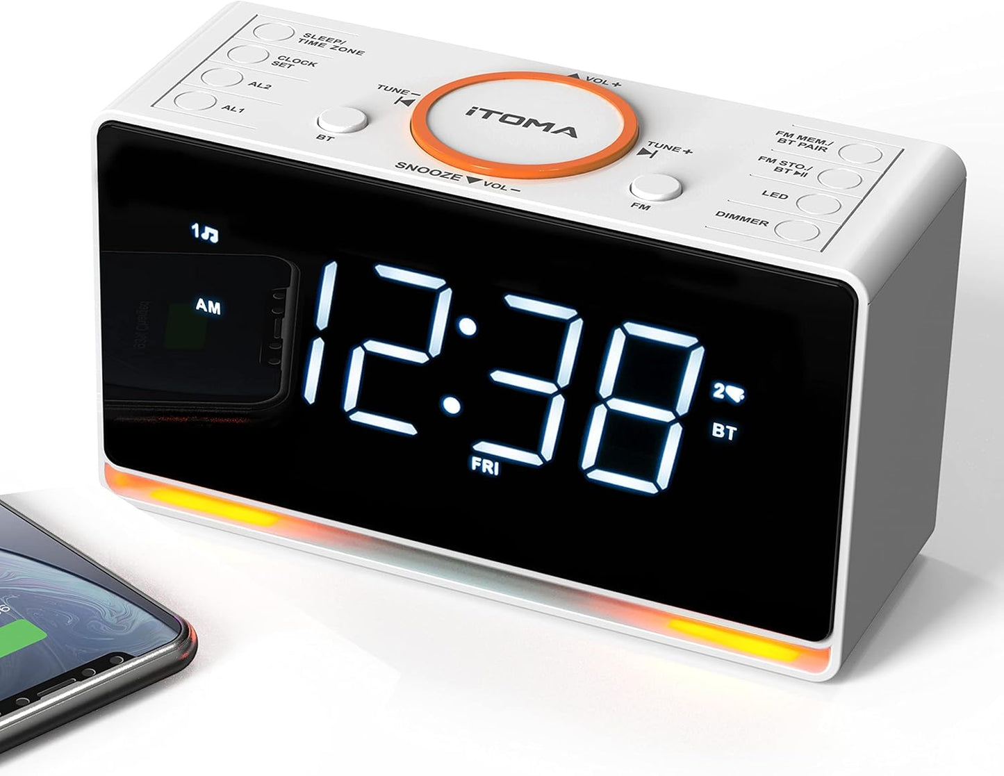 iTOMA CKS718 Wecker, 1,4 Zoll weißes LED-Display mit Bluetooth, FM-Radio, Doppelalarm, Sleep-Timer, Schlummerfunktion, automatischem und manuellem Dimmer, USB-Ladegerät und Nachtlicht CKS718