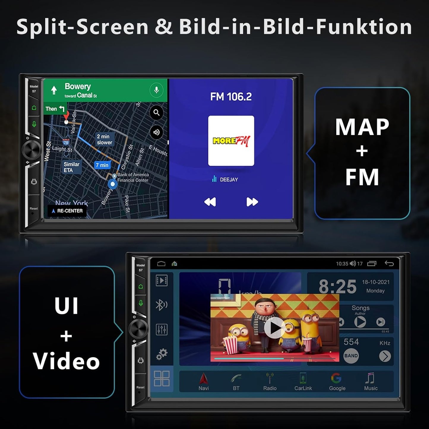 Android Doppel Din Radio mit Wireless Carplay Wireless Android Auto Autoradio mit Bildschirm, 4G+64G 7 Zoll Car Play Auto Radio 2din Touch Display mit Navi, Bluetooth, GPS, WiFi, AM/FM/RDS, AUX/SWC