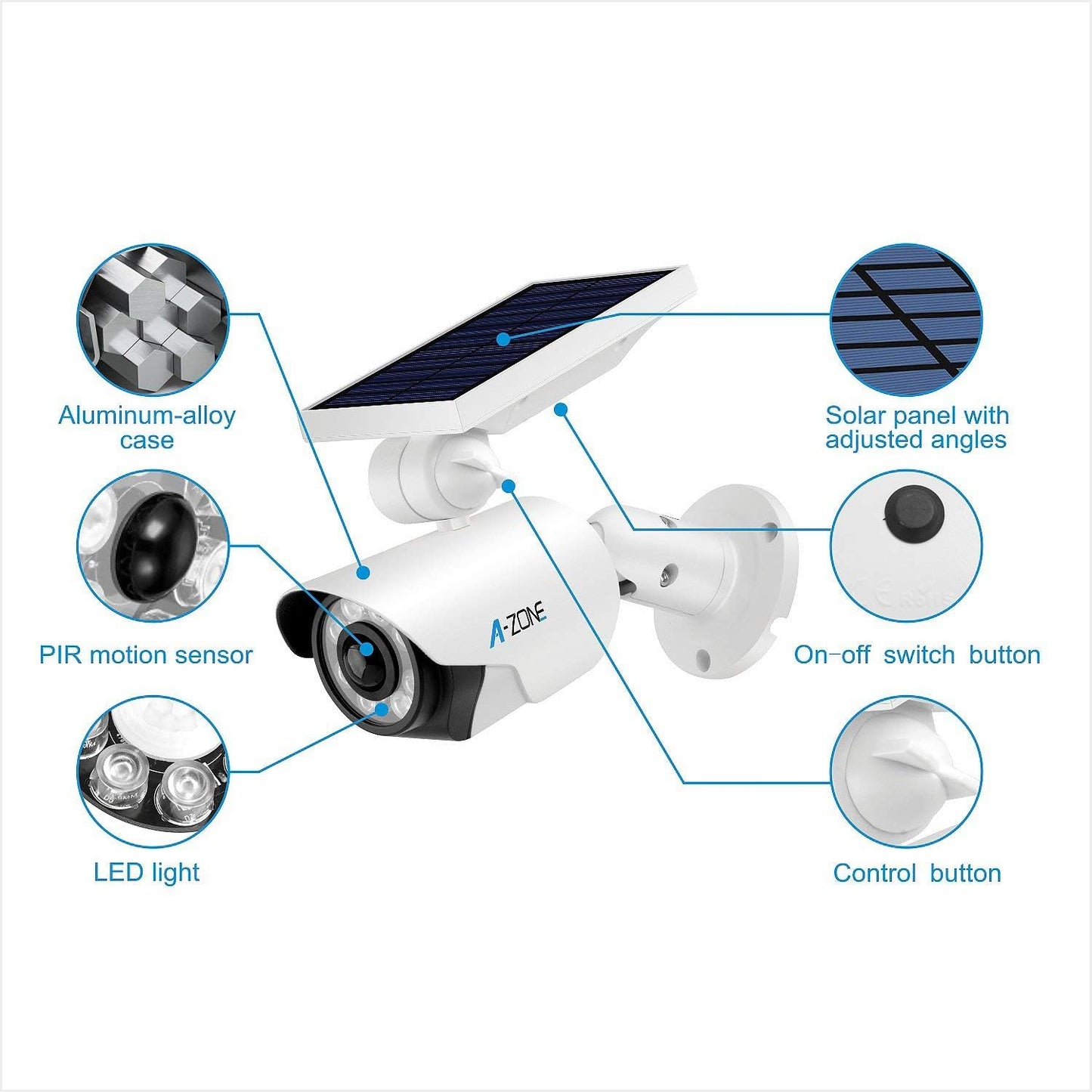 A-ZONE Solar-Bewegungsmelder-Licht für den Außenbereich – 800 Lumen, 8 LED-Strahler, 5-Watt-Solarleuchten für den Außenbereich, IP66 wasserdicht, kabelloses Solar-Flutlicht für Veranda, Garten, Terrasse, Auffahrt, Weg, Aluminium (weiß)