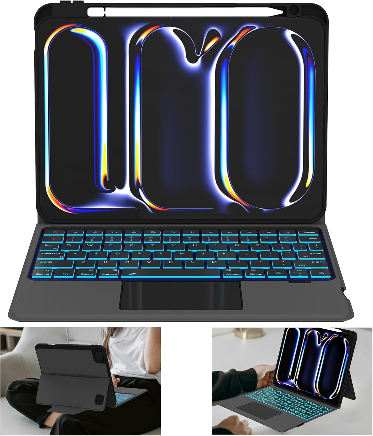 Tastatur Hülle für iPad Pro 11 Zoll (M4) 2024 - Abnehmbare Magnetisch 7 Farbige Beleuchtung Touchpad Tablet Cover mit Stifthalter - Beleuchtete Deutsches QWERTZ Layout Tastatur für iPad 11" M4 Schwarz