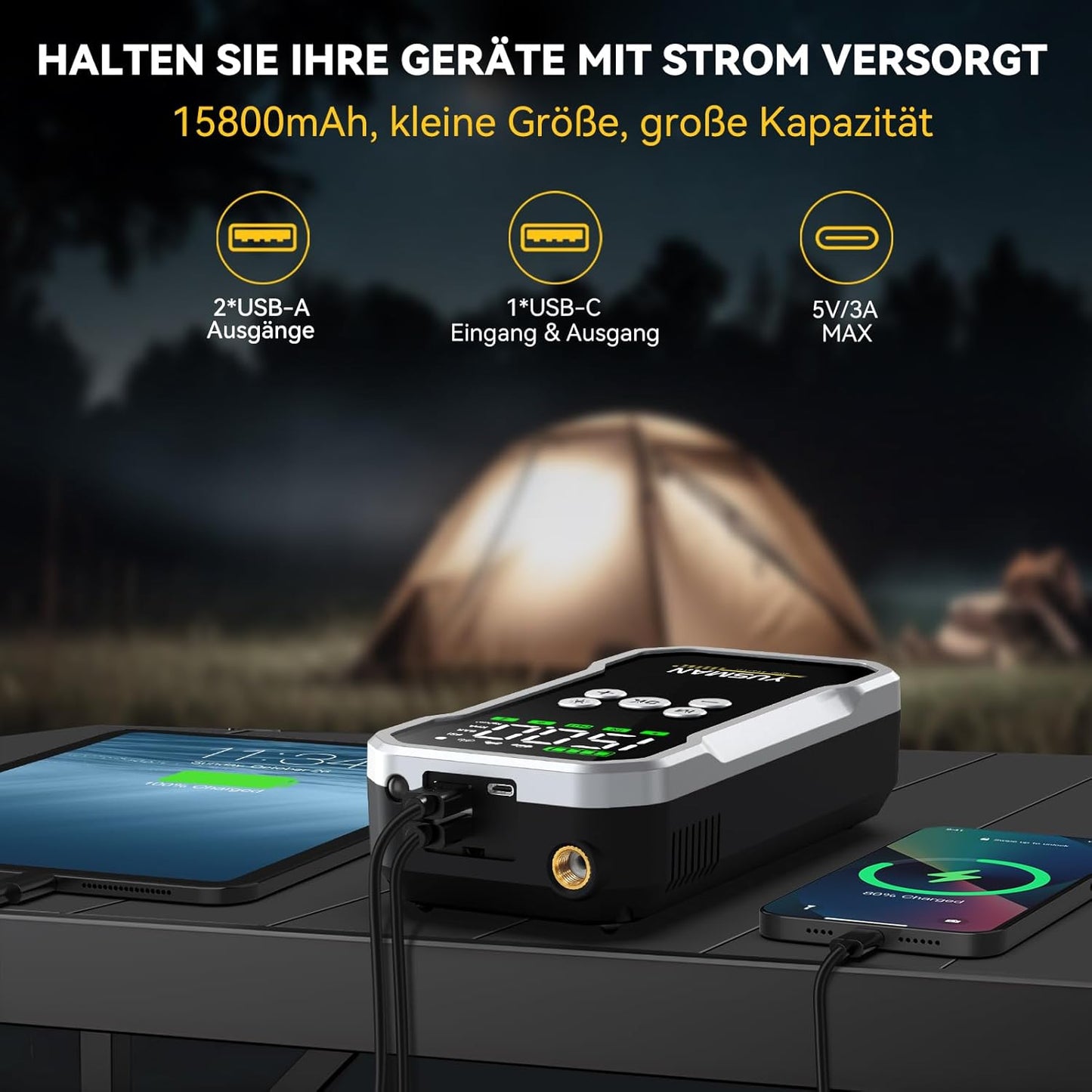 YUSMAN Auto Starthilfe Powerbank mit Kompressor, 5000A 150PSI Car Starthilfe Powerbank für pkw(Bis zu 10L Benzin/7L Diesel), 15800mAh 4-in-1 powerbank starthilfe mit 2 LED-Licht, Schnellladung,LCD