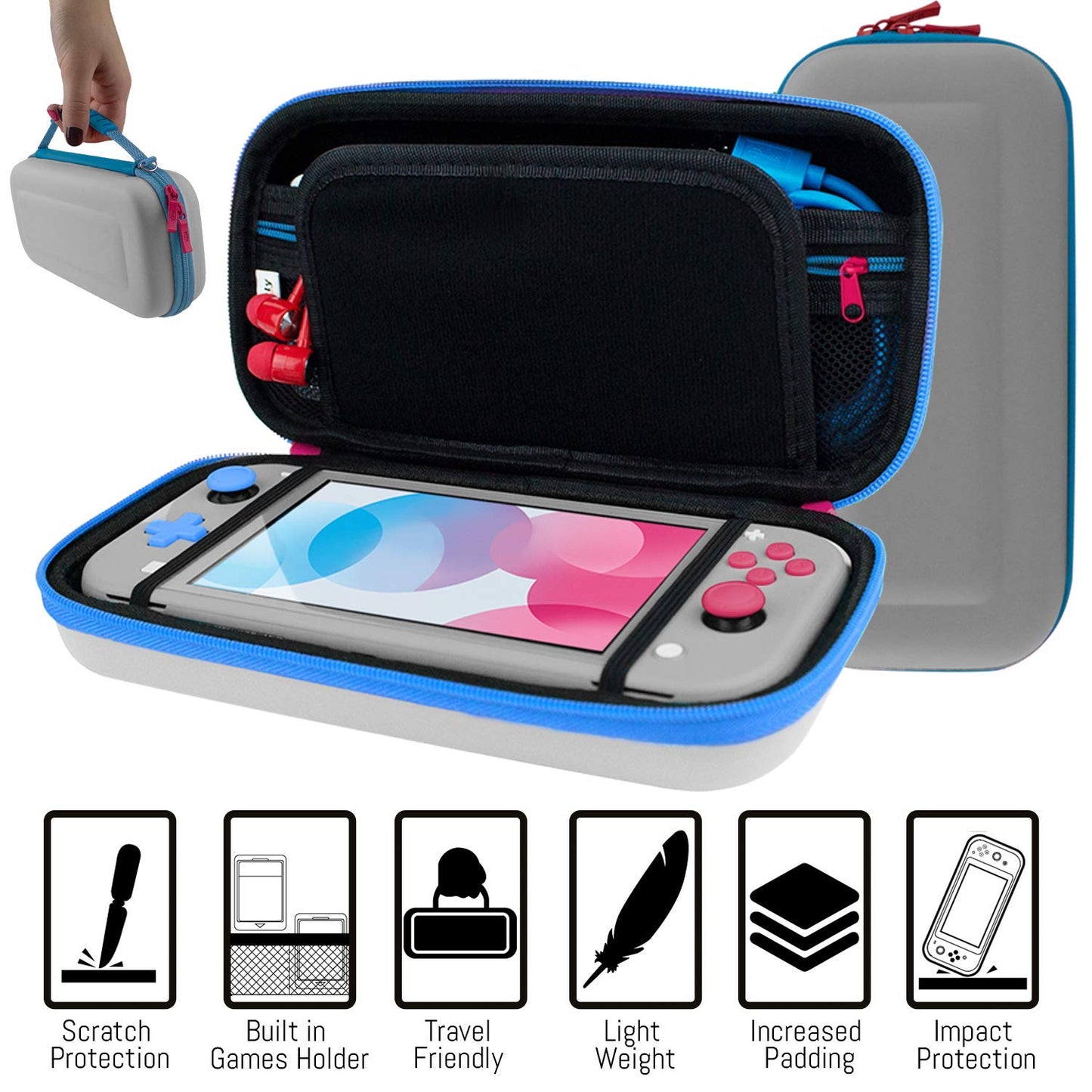 Orzly Switch Lite Case Set - Schutzhülle und Displayschutzfolie für Nintendo Switch Lite Konsole, USB-Kabel, Spielzeughalter, Griffhülle, Kopfhörerhalter, Daumengriff und mehr (Geschenkverpackung – Z&Z Edition)