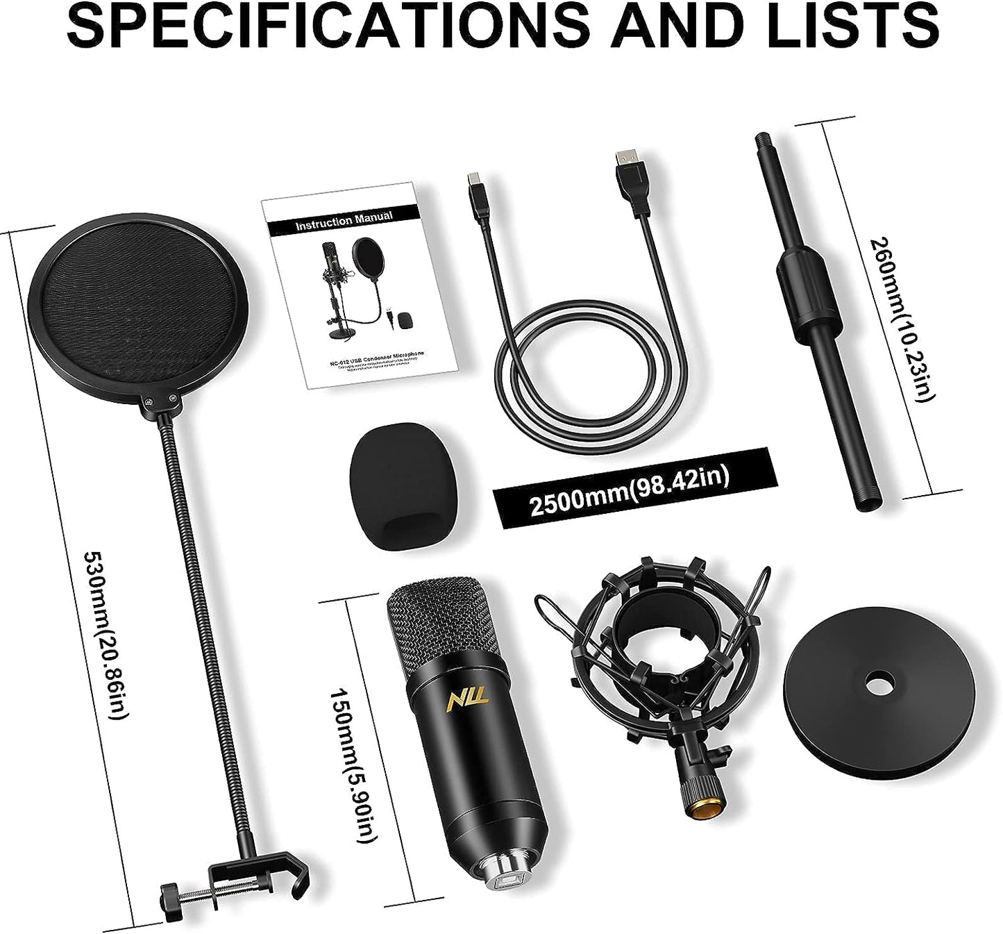 Professionelles USB-Mikrofonset für Studio-Audio, 192 kHz/24 Bit NLL-Kondensator-Computermikrofon, Plug & Play-Desktop-Podcast-Mikrofon, Stoßdämpferhalterung, Popfilter, NC-012