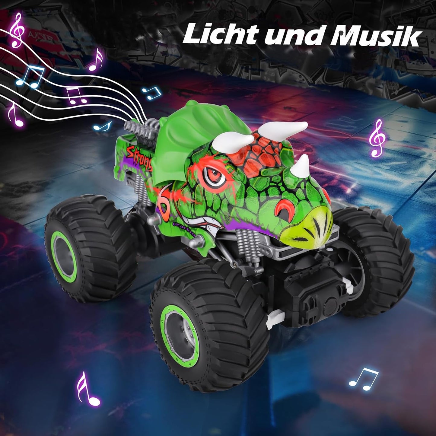 PREBOX Ferngesteuerter Monstertruck für Jungen 8-12 – RC-Dinosaurier-Autospielzeug für Kinder im Alter von 4–7 Jahren, Geburtstagsgeschenke für Jungen mit Musik und Lichtern