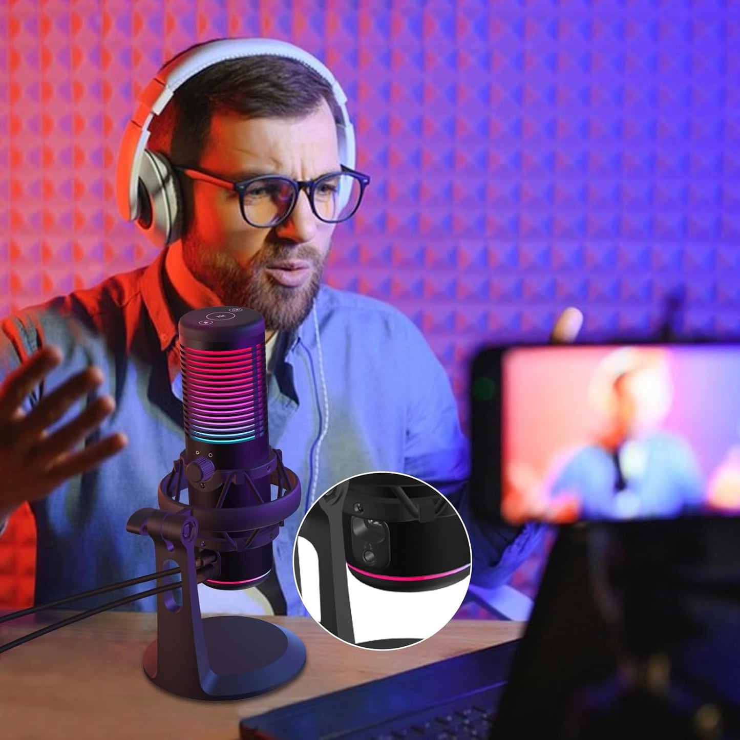 Squarock Gaming-USB-Mikrofon, Kondensatormikrofon mit 8 RGB-Leuchten, Schnellstummschaltung, Rauschunterdrückung, Streaming-Mikrofonmustersteuerung, Verstärkungsregelung, Desktop-Ständer für Podcast-Studioaufnahmen, YouTube