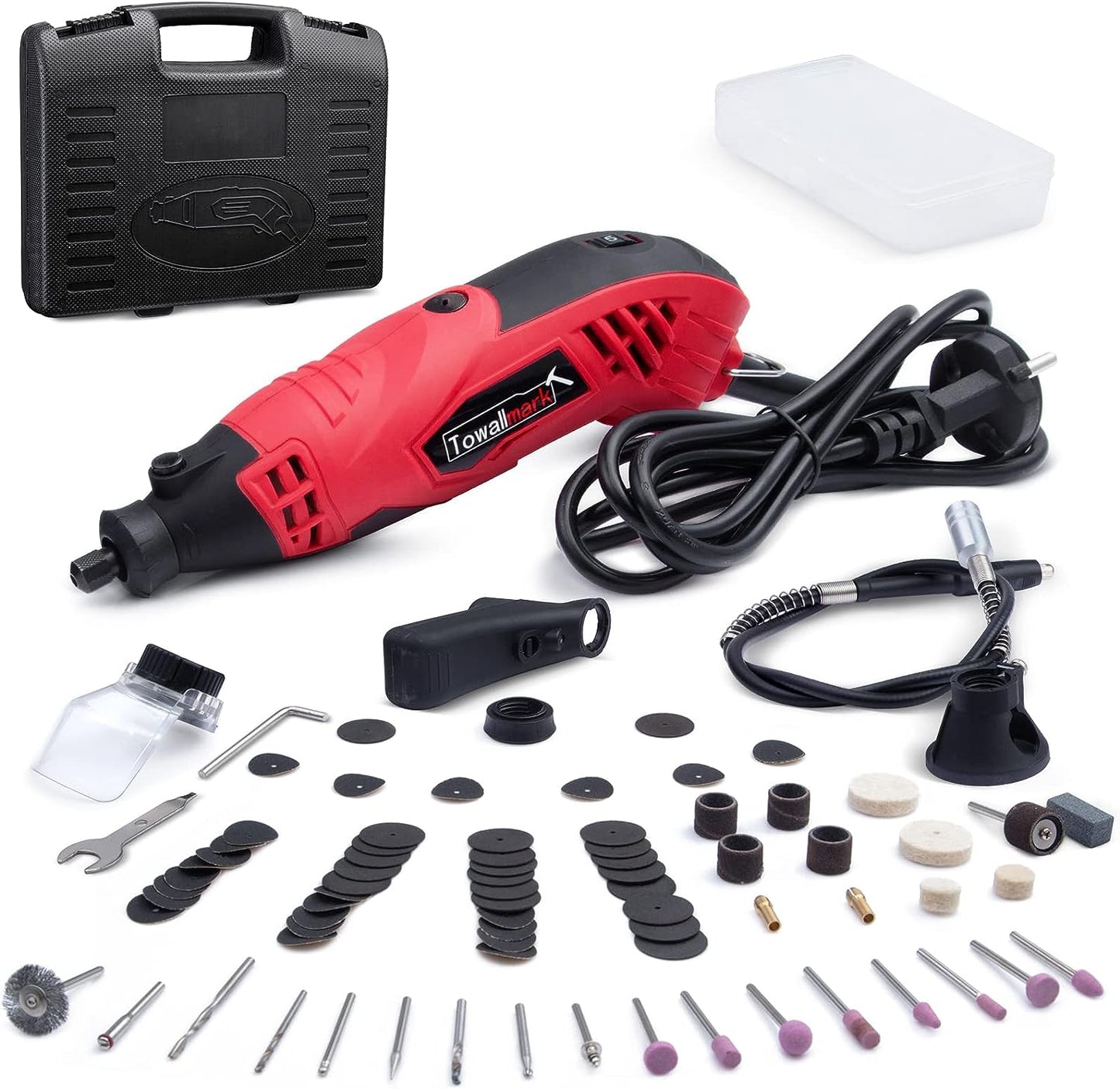 Towallmark Drehwerkzeug-Set, 1,5 A, variable Geschwindigkeit, drehbares Werkzeug mit Flexschaft, 88-teiliges Zubehör und 4 Aufsätze, perfekt für Bastel- und DIY-Projekte - Schneiden, Holzschnitzen, Gravieren, Schleifen