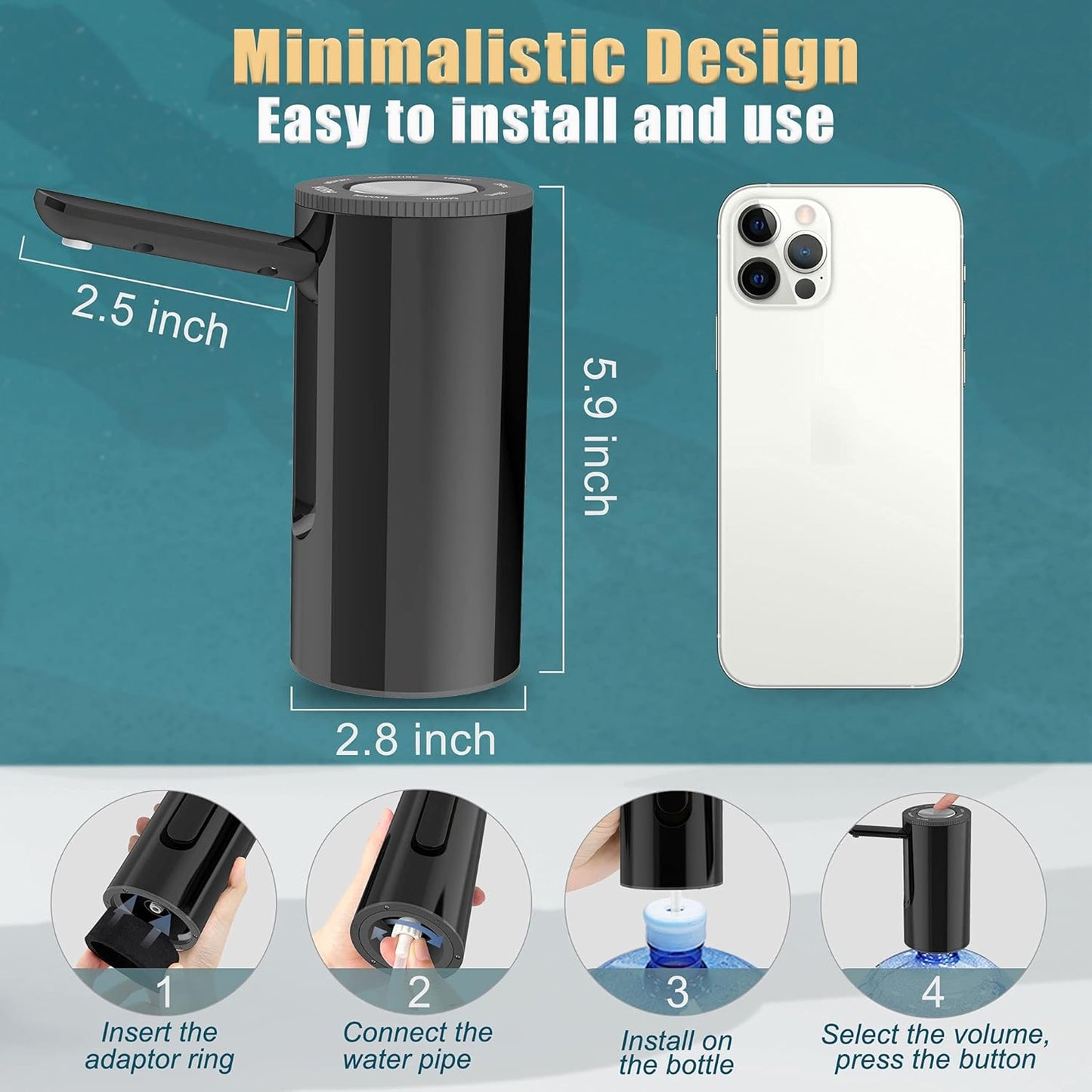 YISH Wasserspenderpumpe, Wasserpumpe 5 Gallonen Wasserflasche: Elektrischer Wasserspender, wiederaufladbare USB-Wasserflaschenpumpe, langsame, faltbare Trinkwasserpumpe für Zuhause, Büro, Küche, Camping