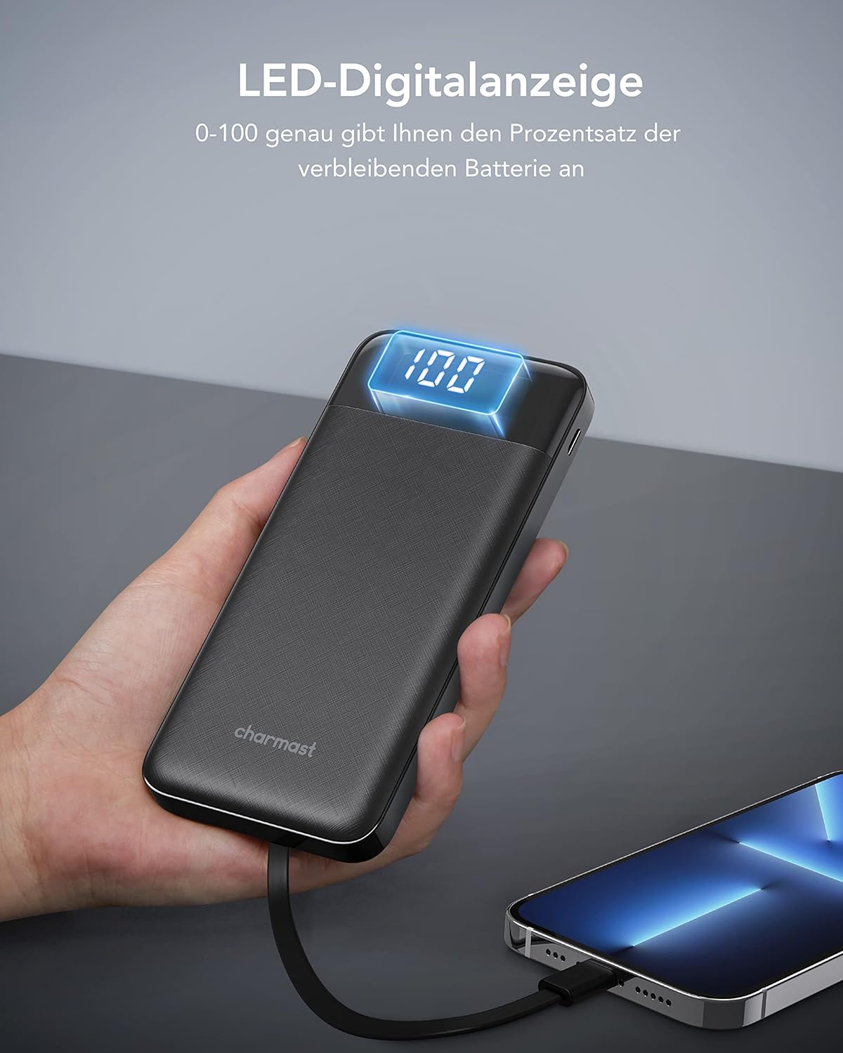 Charmast Power Bank, Slim 10000mAh Powerbank mit Kabel USB C und LED-Display, 6 Ausgängen Klein Aber Stark Externe Handyakkus Kompatibel mit iPhone 16 15 14 13 12 11 Pro Max Plus Huawei Samsung Tablet