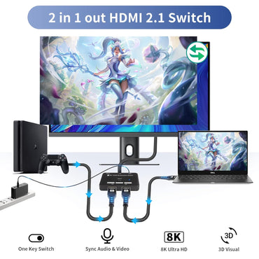 ALYYDBG HDMI 2.1-Switch mit 2 HDMI 2.1-Kabeln, bidirektionaler 48-Gbit/s-HDMI-2.1-Umschalter unterstützt 2in 1out oder 1in 2out, 8K@60Hz 4K@120Hz 2K@144Hz und passt für Xbox PS5/4 HDMI-Projektoren TV