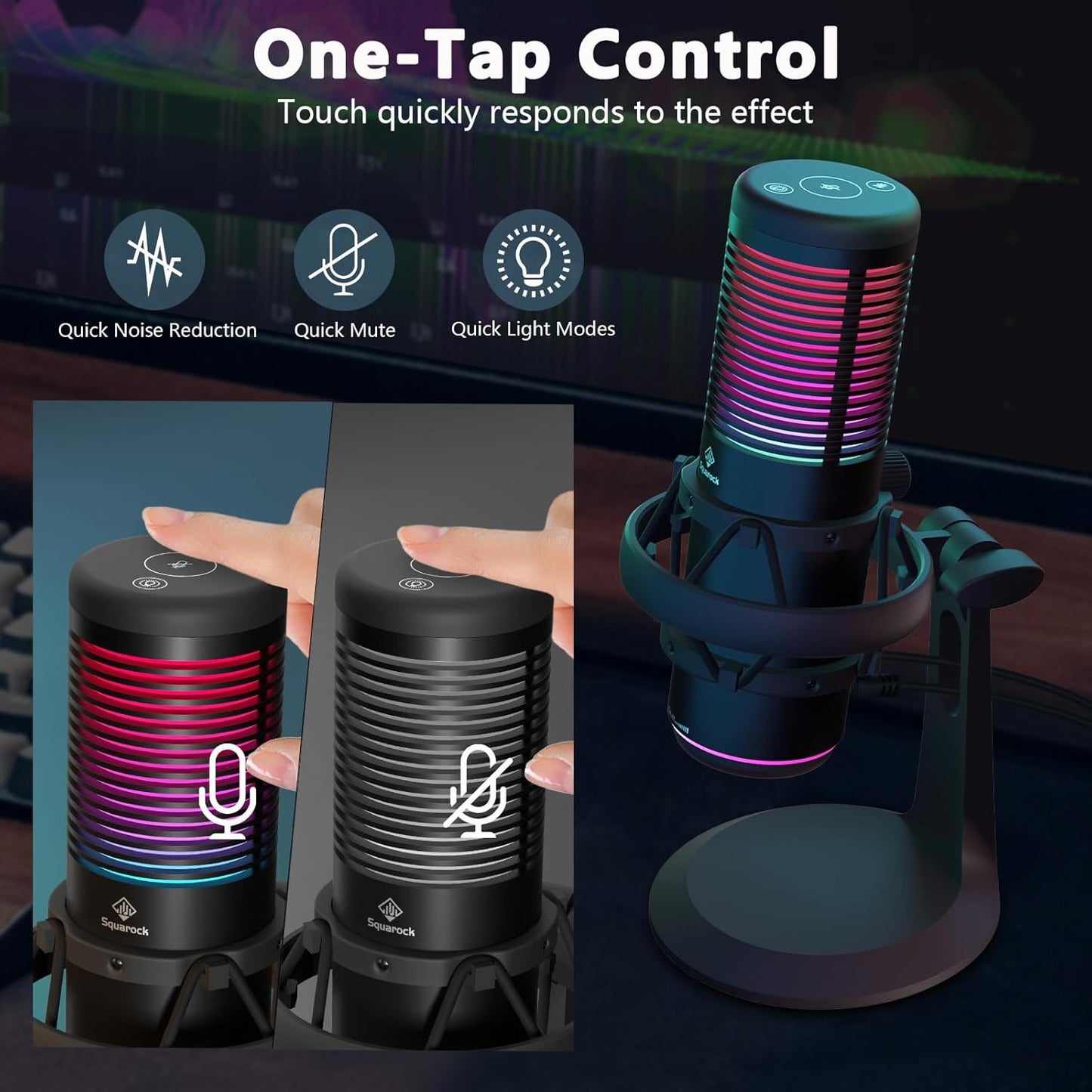 Squarock Gaming-USB-Mikrofon, Kondensatormikrofon mit 8 RGB-Leuchten, Schnellstummschaltung, Rauschunterdrückung, Streaming-Mikrofonmustersteuerung, Verstärkungsregelung, Desktop-Ständer für Podcast-Studioaufnahmen, YouTube