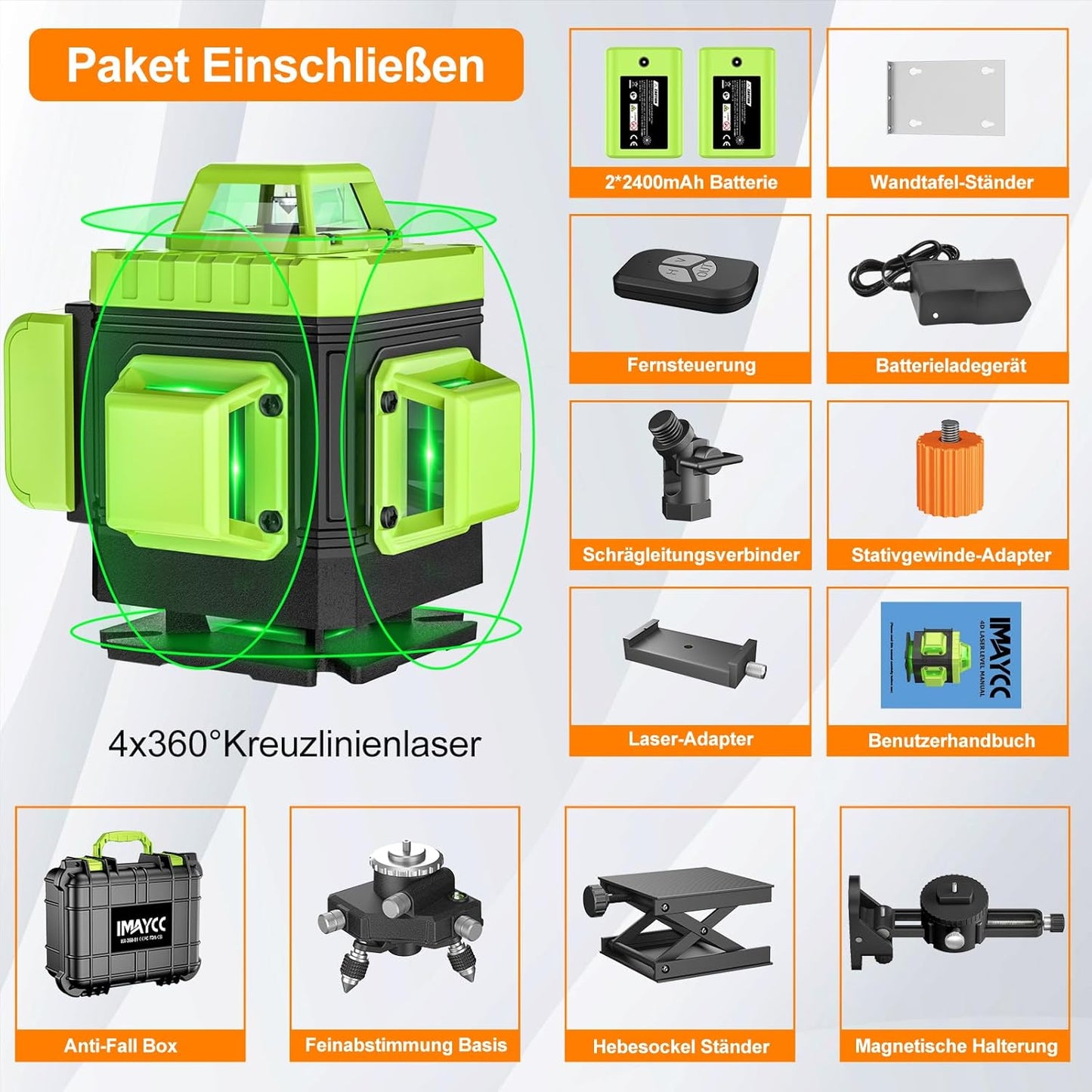 IMAYCC Kreuzlinienlaser Grün Selbstnivellierend Laser Wasserwaage 16 Linien 4Dx360 Grad Linienlaser Kreuzlaser Baulaser Einstellbare Helligkeit für Innenbereich Baustelle, 2 x Batterie