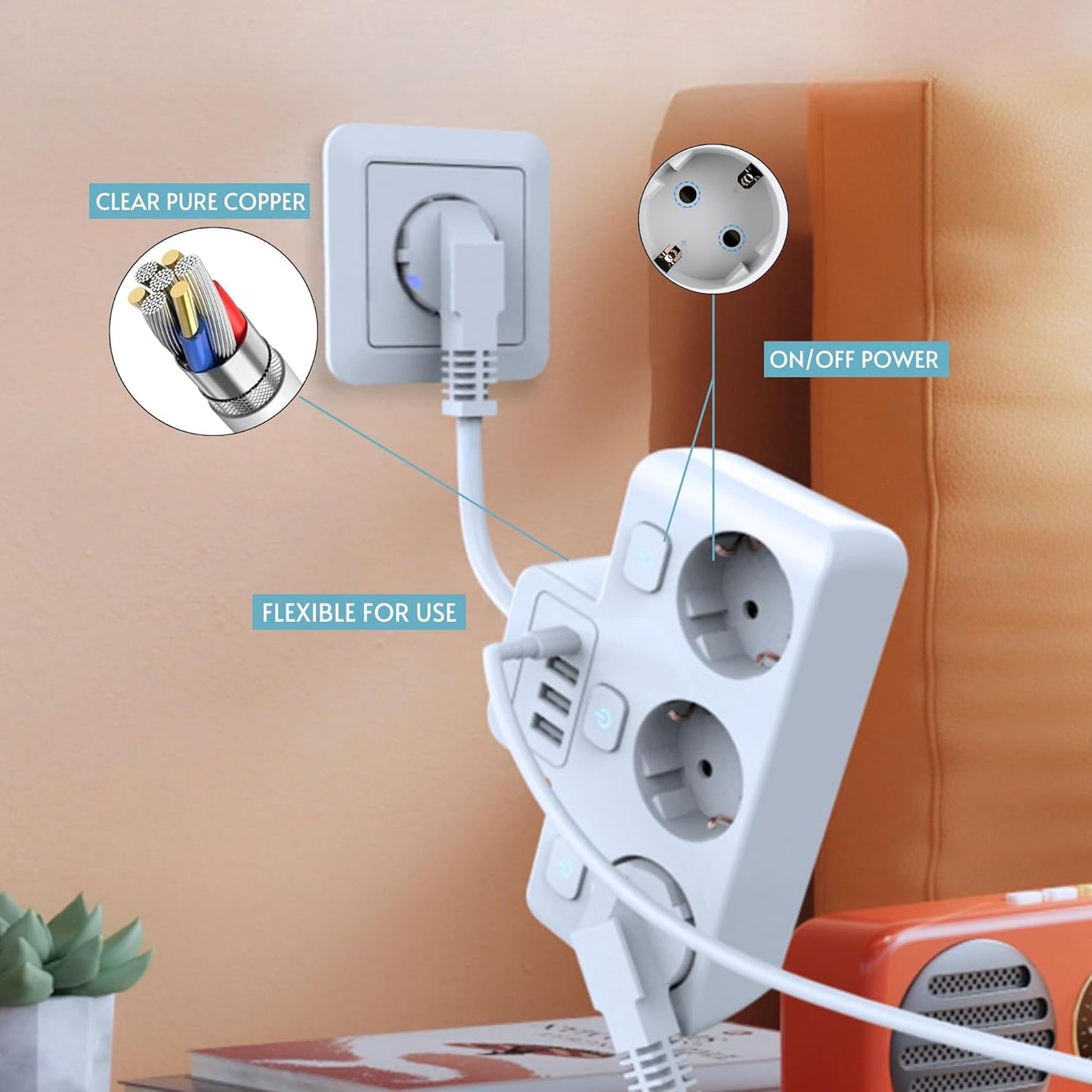 Steckdosenleiste mit Schalter, Netzstecker mit Sicherung, schaltbare Mehrfachstecker, mit USB - USB C, 220-250V, Einzel, Dreifach, Wand, für Zuhause, Küche, Büro, Weiß.