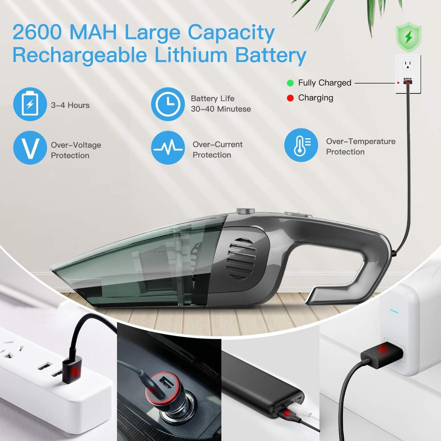 Enibon Handstaubsauger kabellos, 7000 PA 120 W Auto-Staubsauger, leistungsstarke Saugkraft, 2600 mAh wiederaufladbarer Mini-Staubsauger, waschbarer HEPA-Filter, Nass-/Trockensauger für Zuhause, Büro, Auto, Haustier