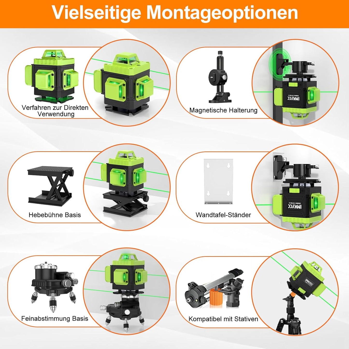 IMAYCC Kreuzlinienlaser Grün Selbstnivellierend Laser Wasserwaage 16 Linien 4Dx360 Grad Linienlaser Kreuzlaser Baulaser Einstellbare Helligkeit für Innenbereich Baustelle, 2 x Batterie