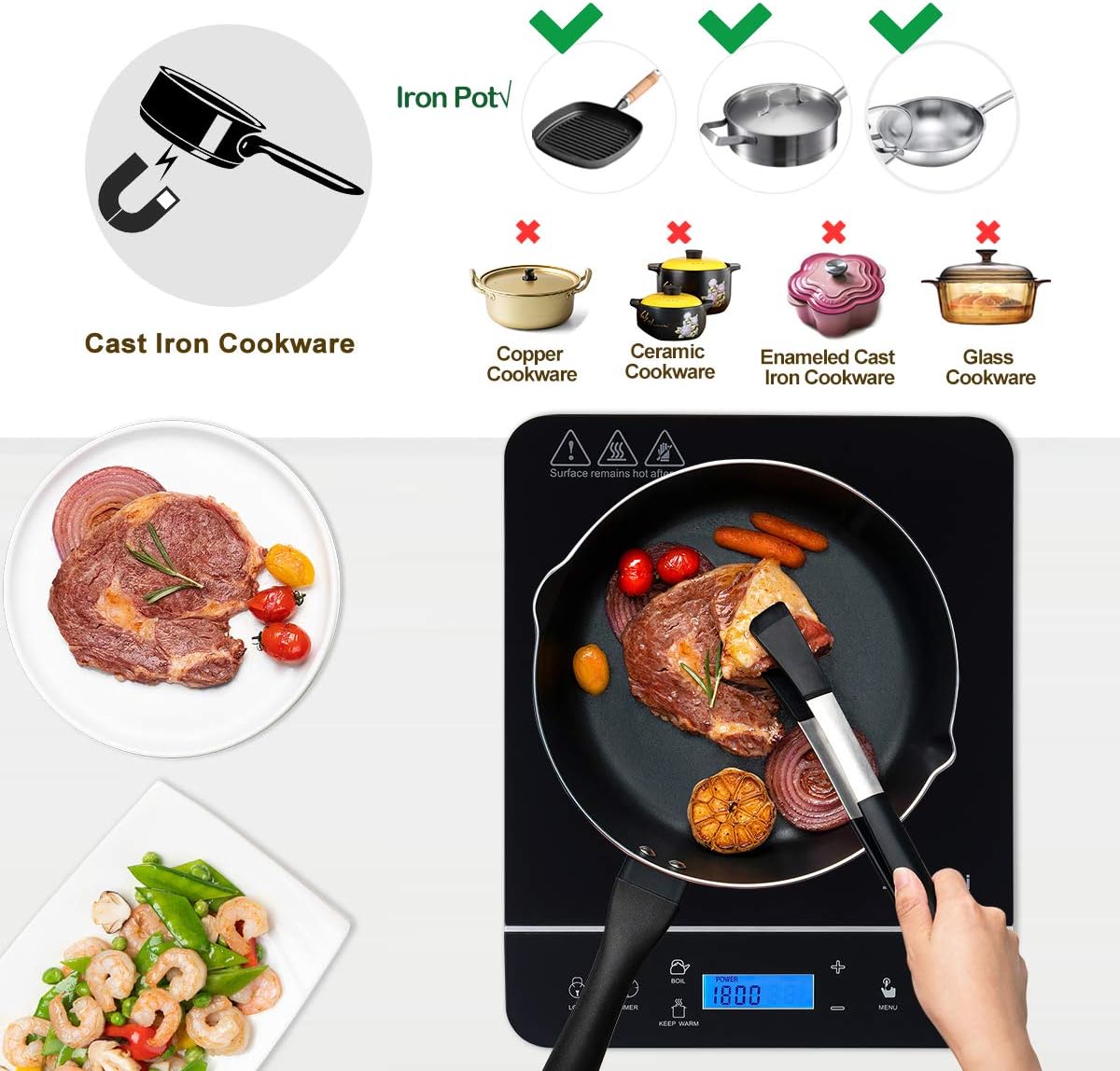Tragbares Induktionskochfeld, Sunmaki 2000W Induktionsherd mit LCD-Sensor Touch, 10 Leistungsstufen und 10 Temperatureinstellungen, Touch-Bedienelemente, 4-Stunden-Timer, Schwarz